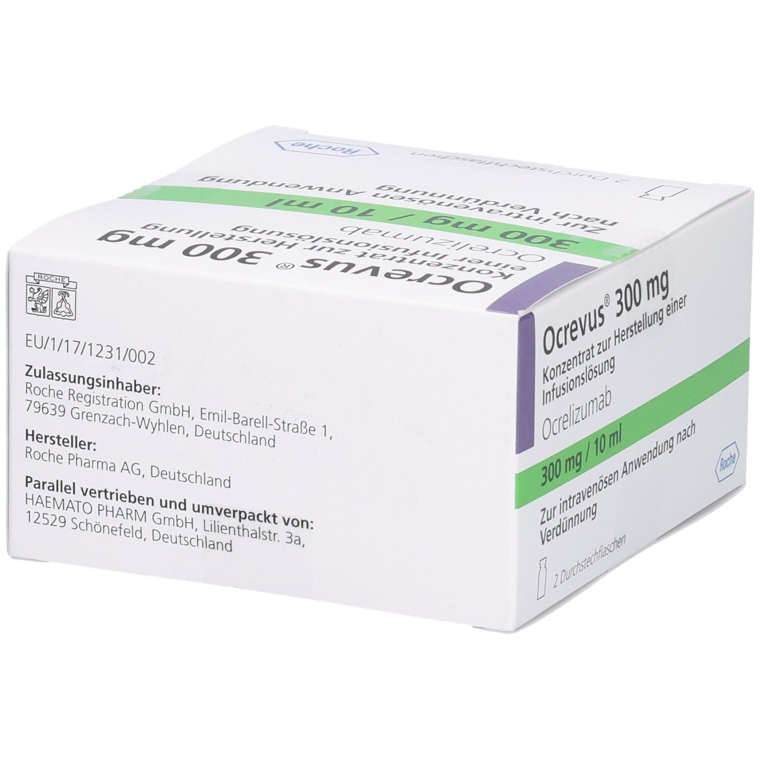 Weiße Schachtel mit Ocrevus 300 mg. Aufschrift: Konzentrat zur Herstellung einer Infusionslösung. Rückseite mit Text.