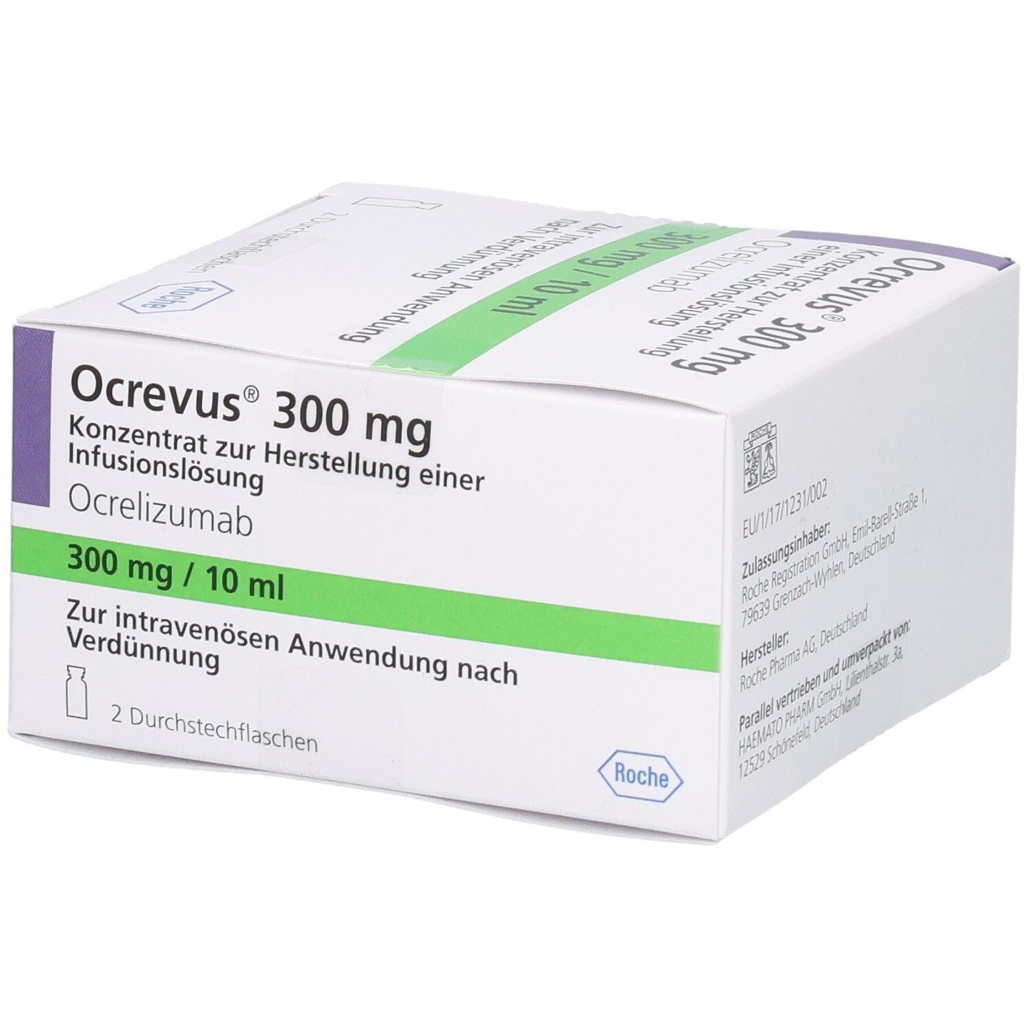 Weiße Schachtel mit Ocrevus 300 mg. Aufschrift: Konzentrat zur Herstellung einer Infusionslösung. 2 Durchstechflaschen.