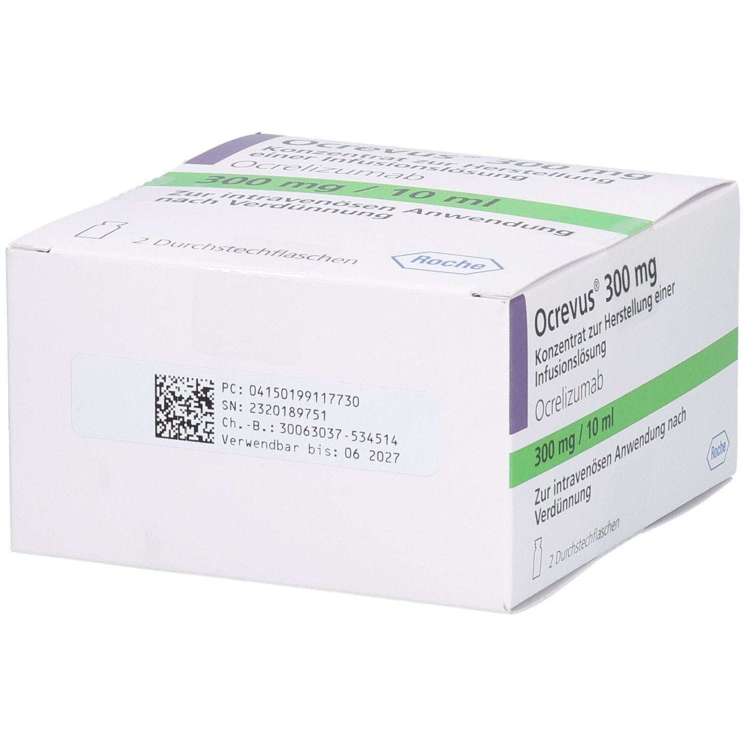 Weiße Schachtel mit Ocrevus 300 mg. Aufschrift: Konzentrat zur Herstellung einer Infusionslösung. QR-Code.
