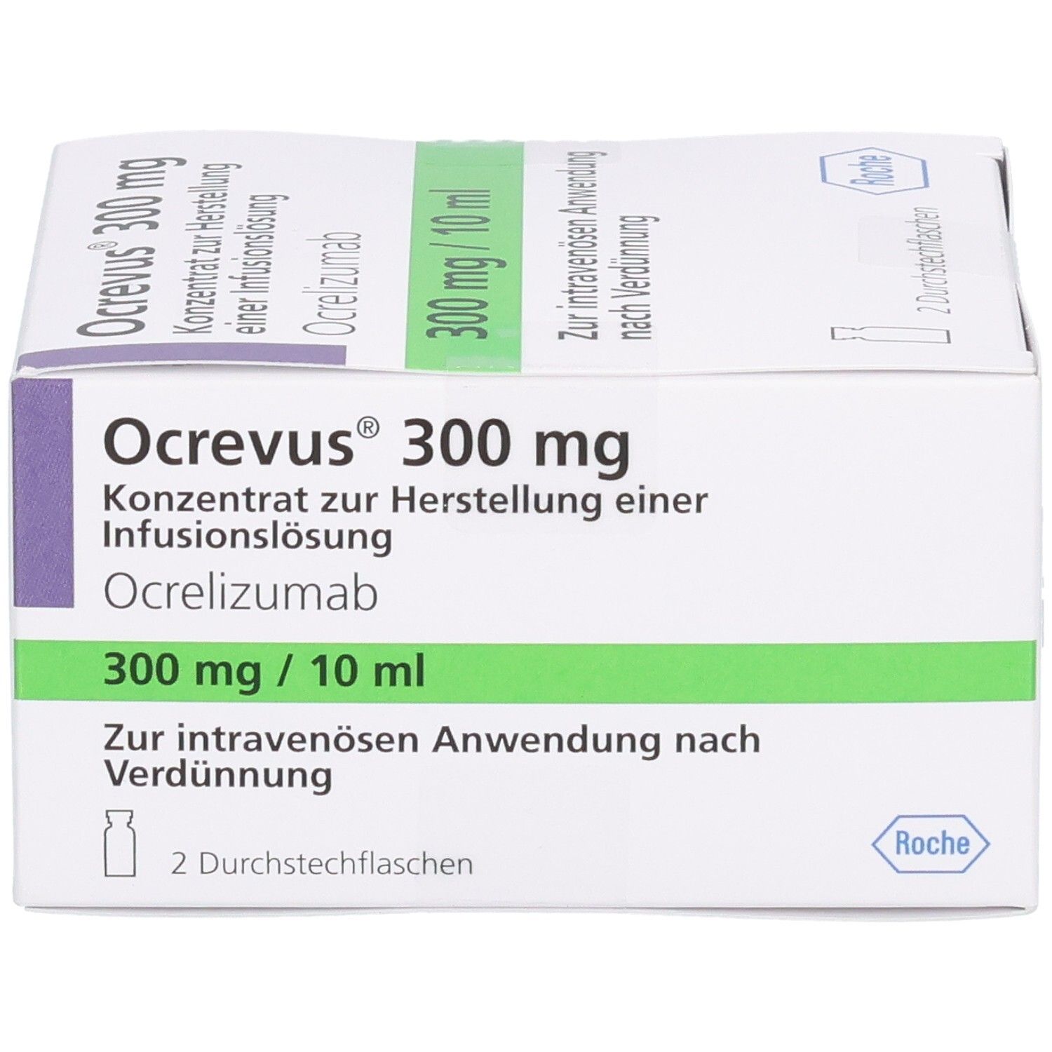 Weiße Schachtel mit Ocrevus 300 mg. Aufschrift: Konzentrat zur Herstellung einer Infusionslösung. 2 Durchstechflaschen.