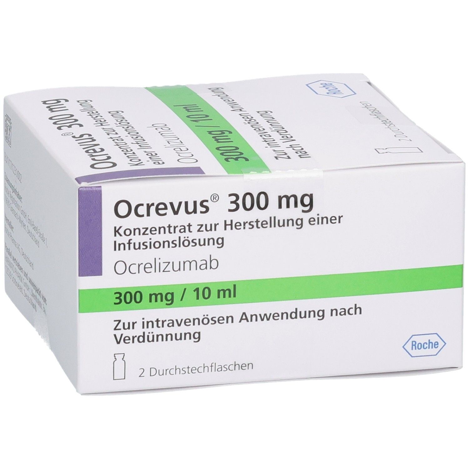Weiße Schachtel mit Ocrevus 300 mg. Aufschrift: Konzentrat zur Herstellung einer Infusionslösung. 2 Durchstechflaschen.