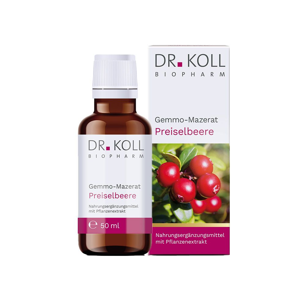 Braune Glasflasche mit weißem Deckel und Etikett. Daneben eine Schachtel mit Produktabbildung und Text. Marke: Dr. Koll.