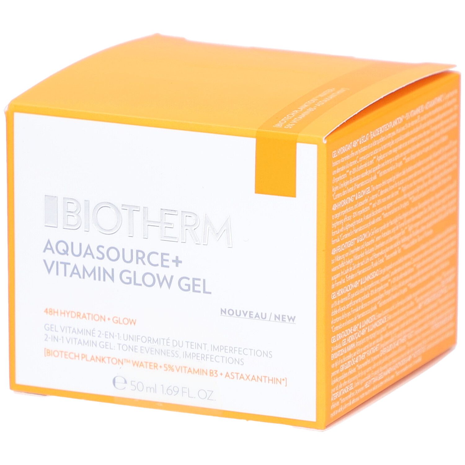Orangefarbene Produktverpackung. Aufschrift: Biotherm Aquasource+ Vitamin Glow Gel. Enthält Informationen zu Inhaltsstoffen und Eigenschaften.