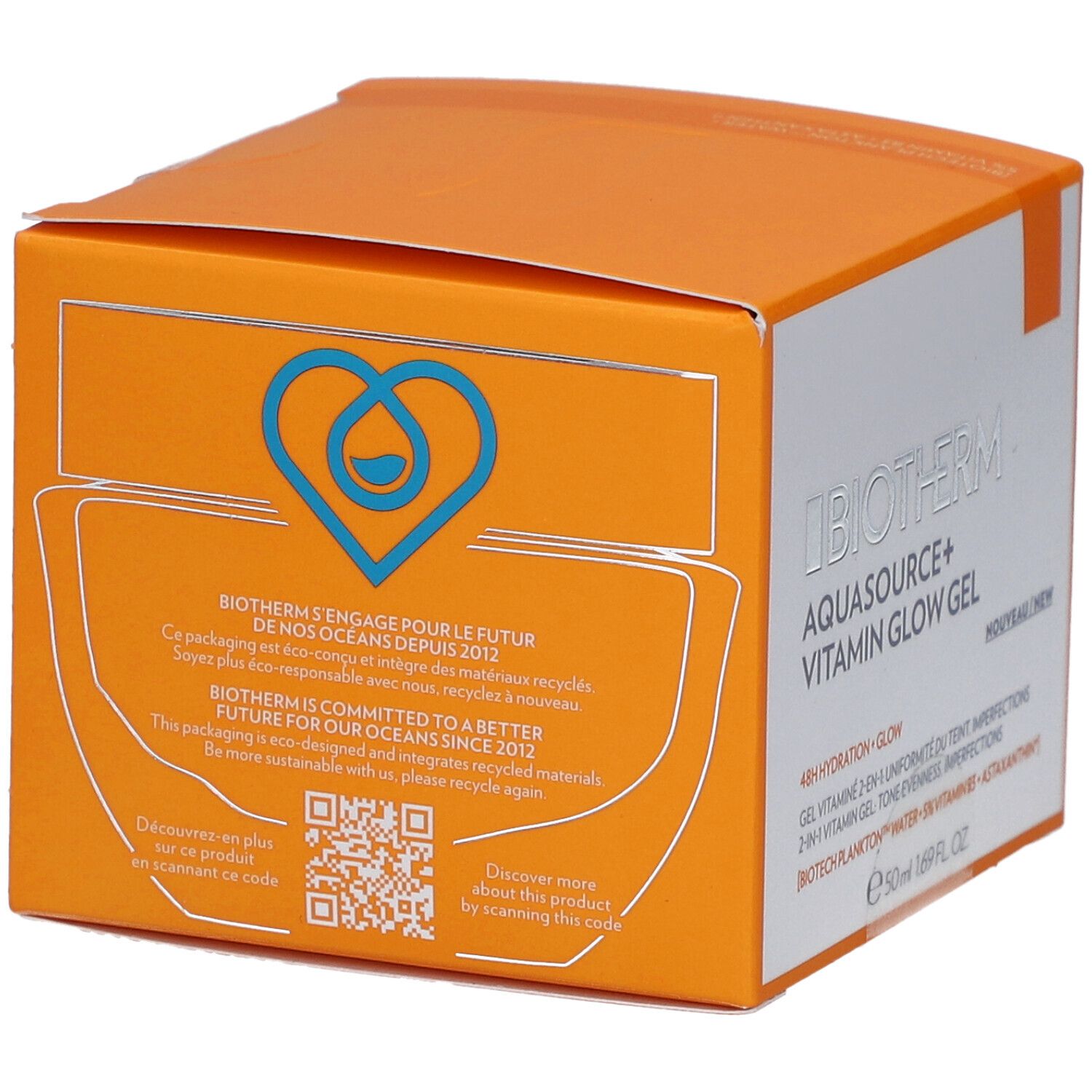 Orangefarbene Produktverpackung. Logo mit Herz und Tropfen. Text: Biotherm engagiert sich für die Zukunft unserer Ozeane.