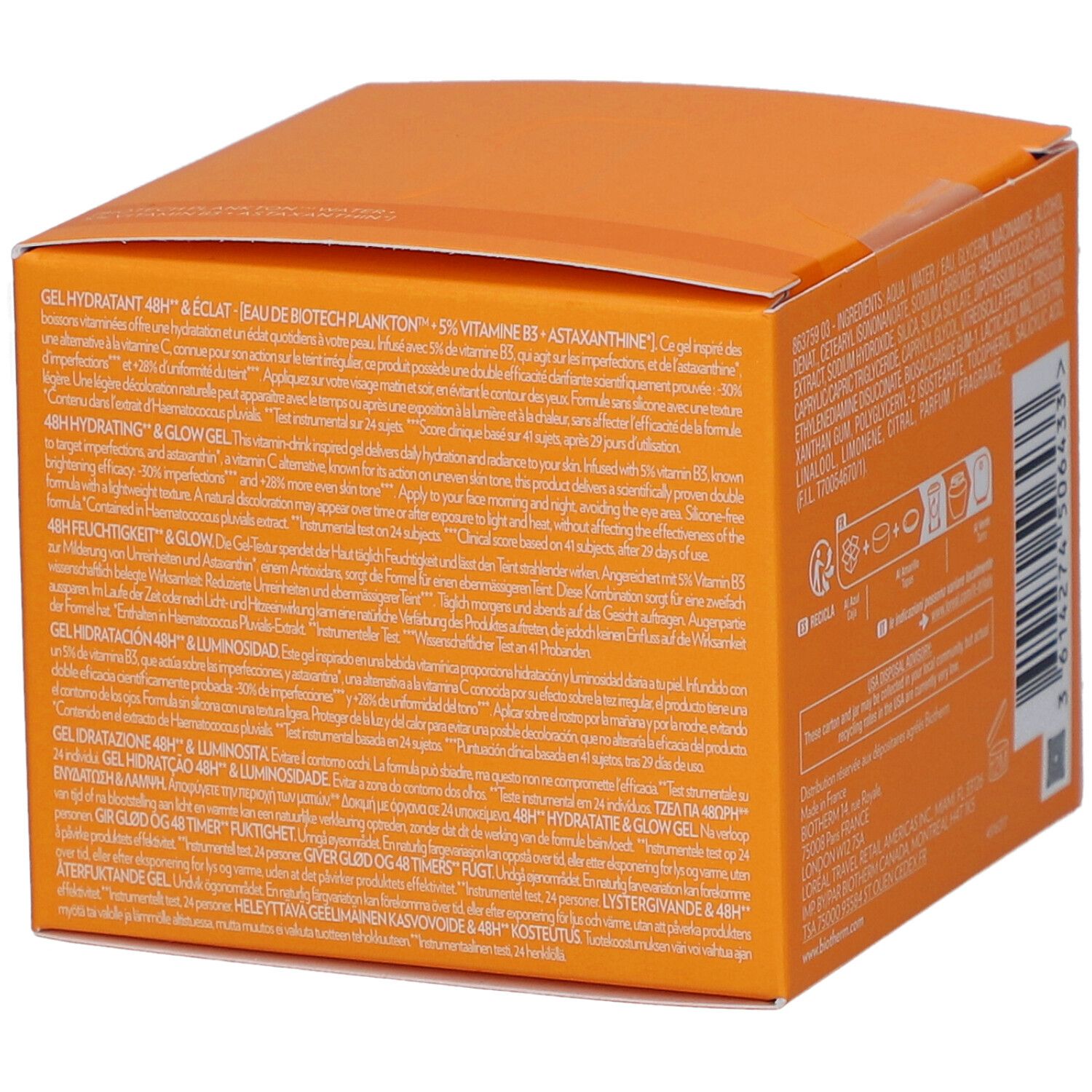 Orangefarbene Produktverpackung. Text mit Produktinformationen in verschiedenen Sprachen. Enthält Informationen zu Inhaltsstoffen.