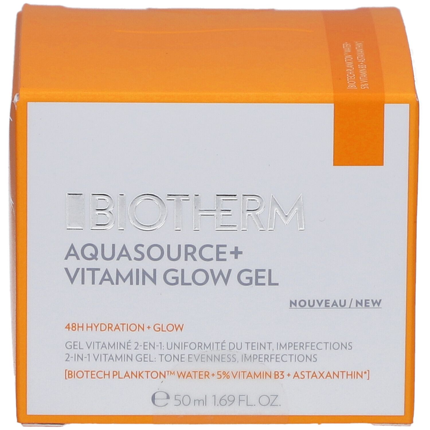 Orangefarbene Produktverpackung. Aufschrift: Biotherm Aquasource+ Vitamin Glow Gel. Enthält Informationen zu Inhaltsstoffen und Eigenschaften.