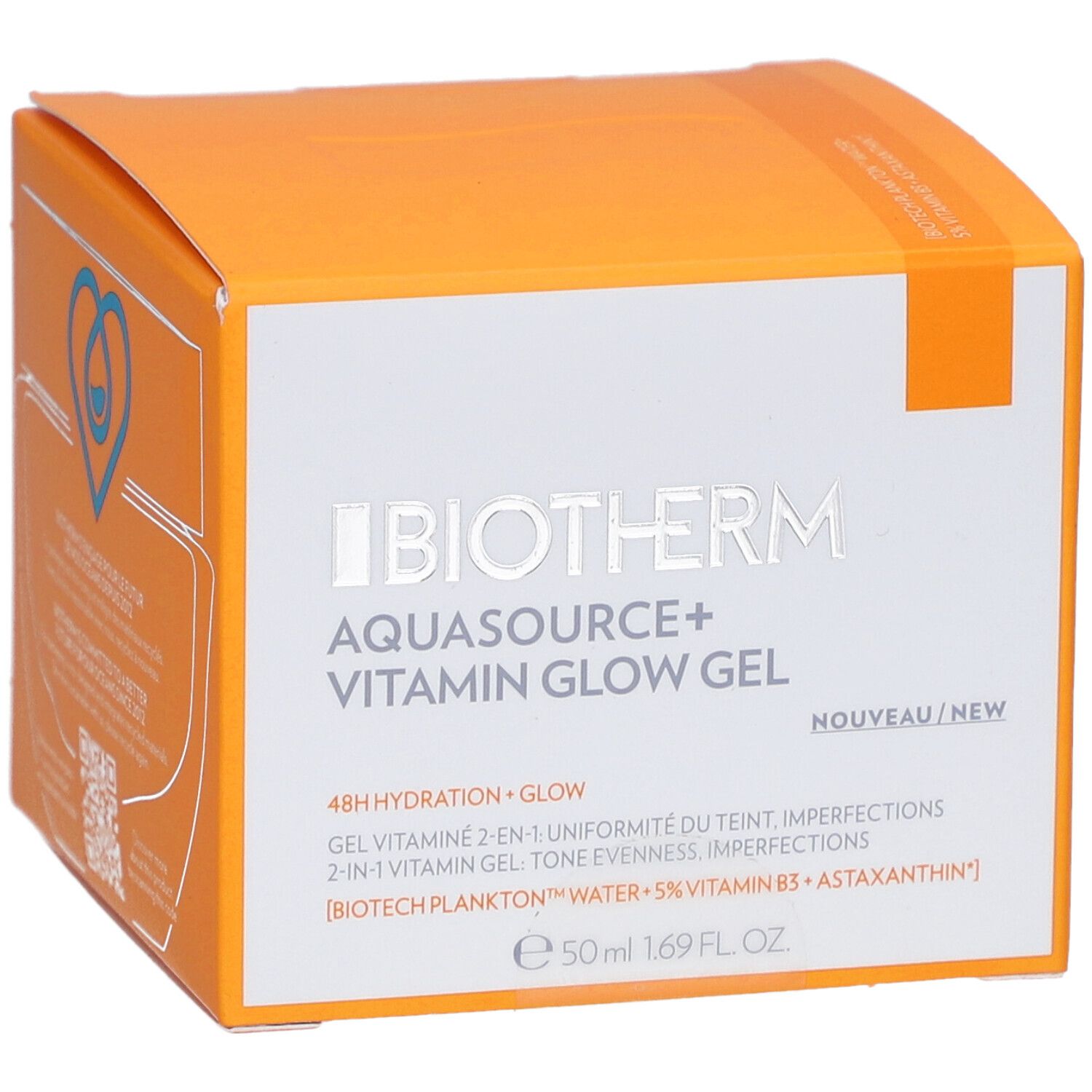 Orangefarbene Produktverpackung. Aufschrift: Biotherm Aquasource+ Vitamin Glow Gel. Enthält Informationen zu Inhaltsstoffen und Eigenschaften.