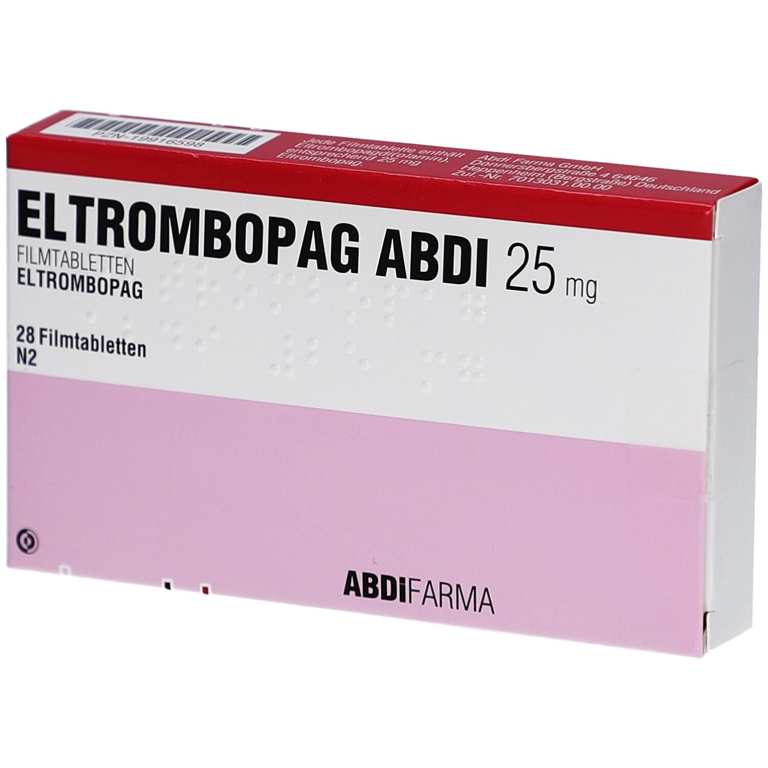 Schachtel mit ELTROMBOPAG ABDI 25 mg Filmtabletten. Rote und weiße Verpackung mit rosa Feld. 28 Tabletten. AbdiFarme.