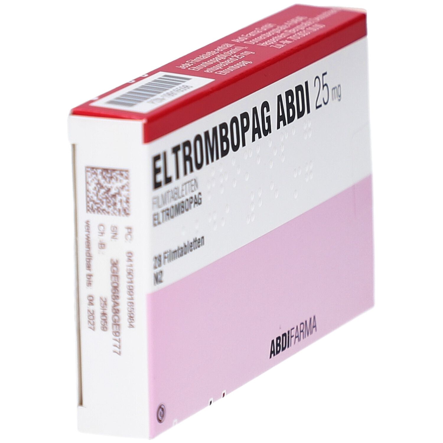 Schachtel ELTROMBOPAG ABDI 25 mg, schräg. Rote und weiße Verpackung mit rosa Feld. 28 Tabletten. AbdiFarme. Barcode und Text.