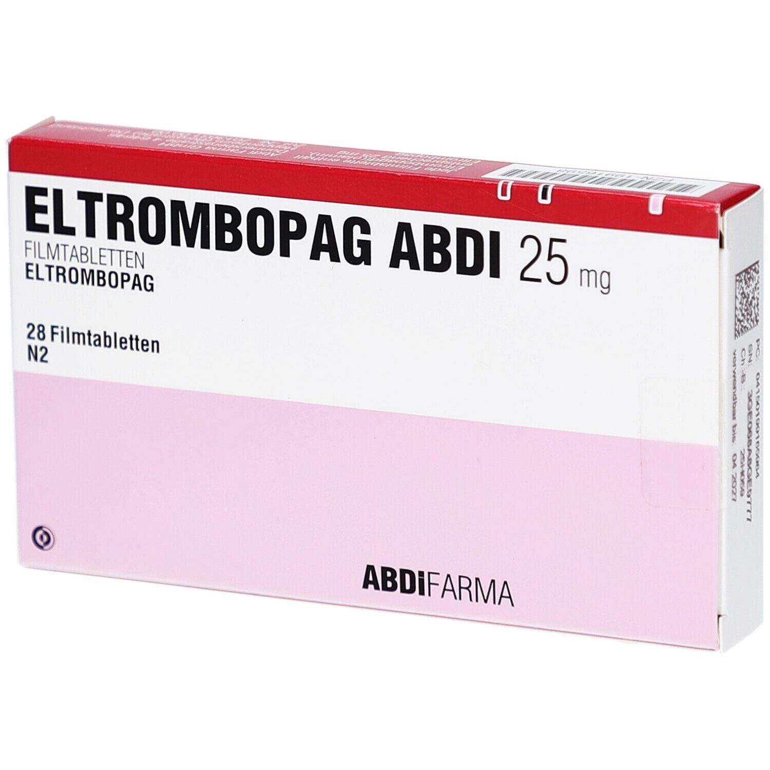 Schachtel mit ELTROMBOPAG ABDI 25 mg Filmtabletten. Rote und weiße Verpackung mit rosa Feld. 28 Tabletten. AbdiFarme.