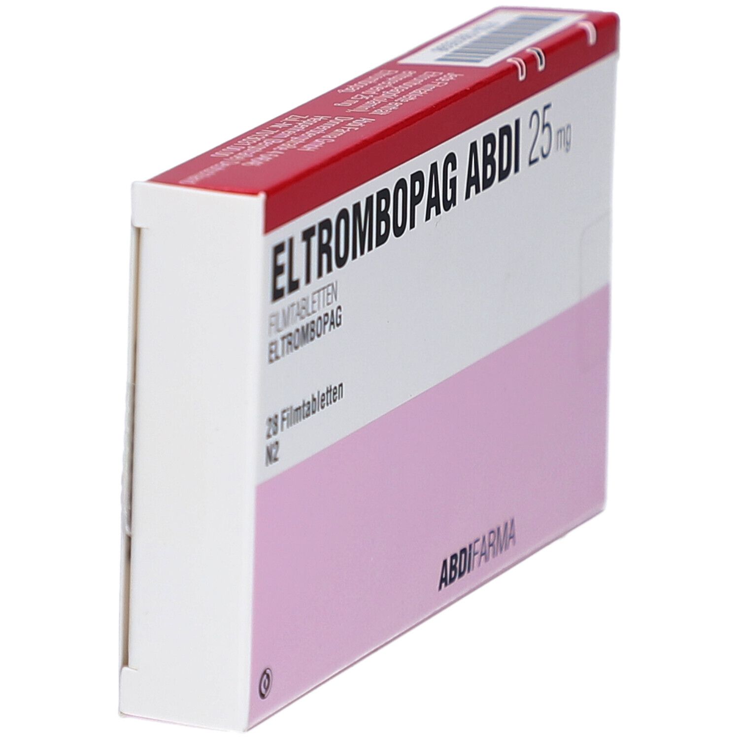 Schachtel ELTROMBOPAG ABDI 25 mg, schräg. Rote und weiße Verpackung mit rosa Feld. 28 Tabletten. AbdiFarme.