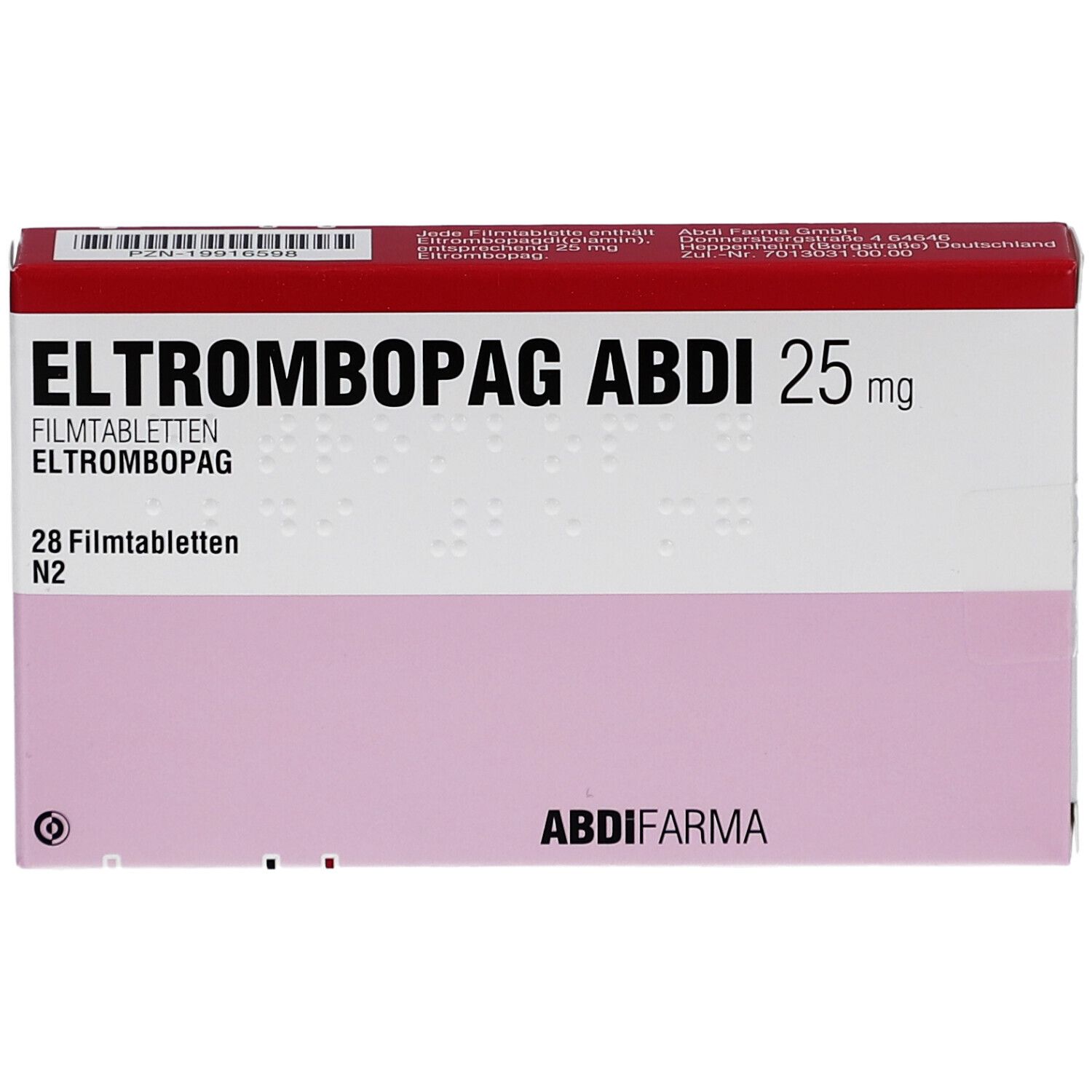 Schachtel mit ELTROMBOPAG ABDI 25 mg Filmtabletten. Rote und weiße Verpackung mit rosa Feld. 28 Tabletten. AbdiFarme.