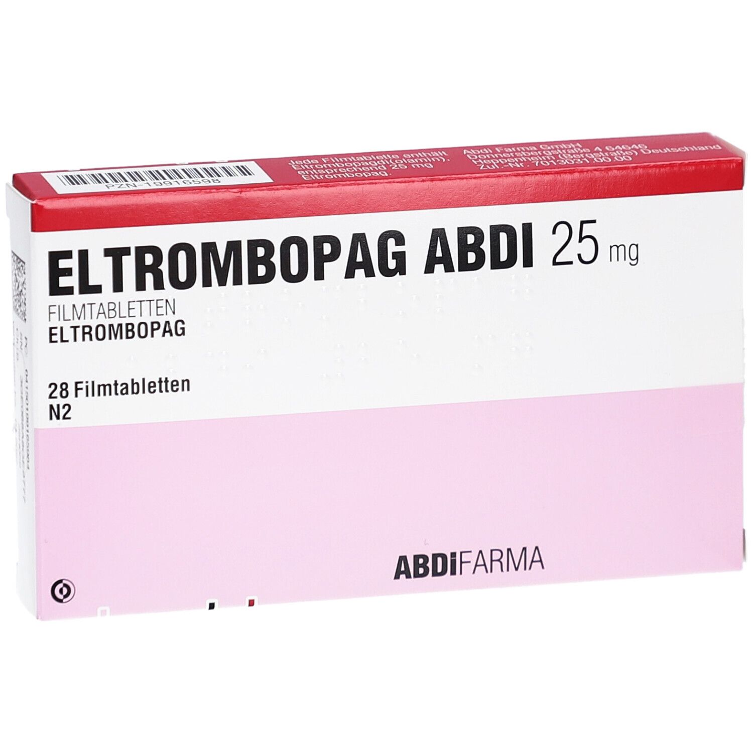 Schachtel mit ELTROMBOPAG ABDI 25 mg Filmtabletten. Rote und weiße Verpackung mit rosa Feld. 28 Tabletten. AbdiFarme.