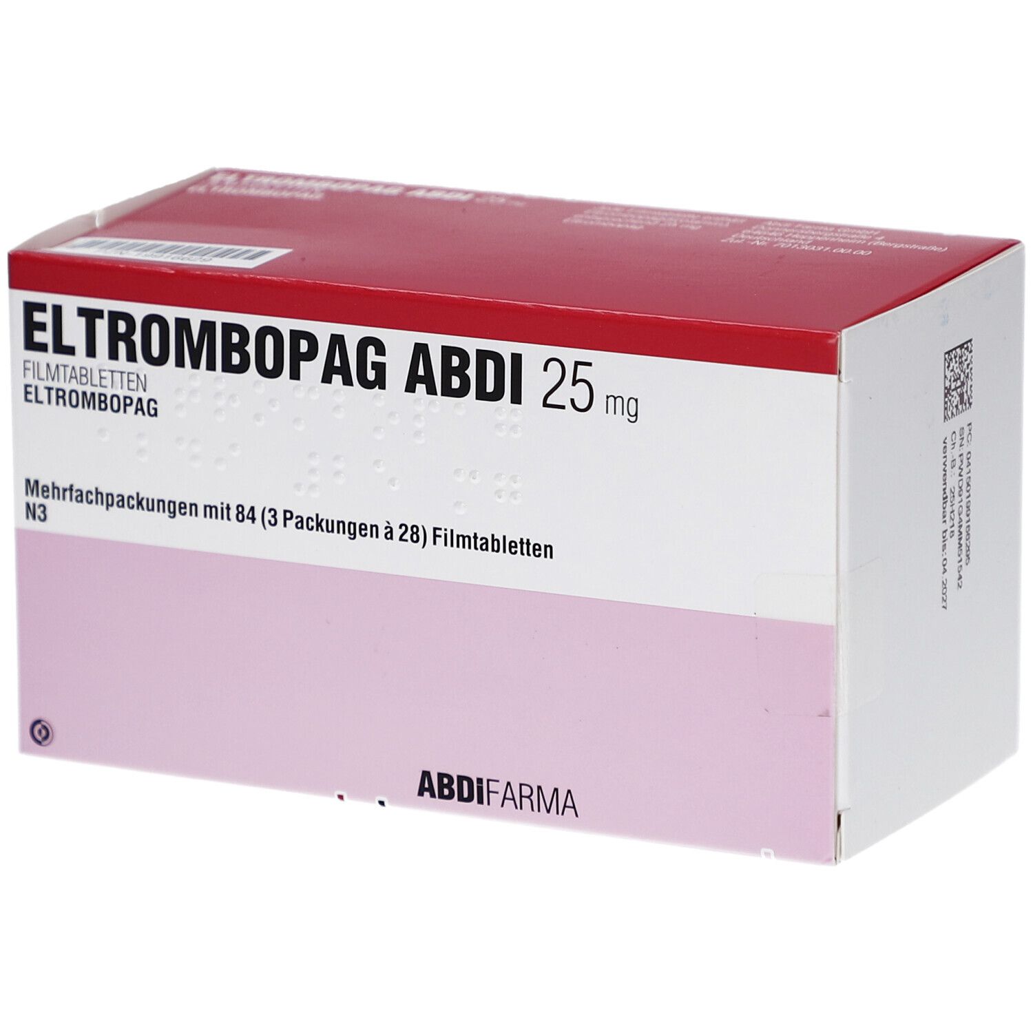 Verpackung von ELTROMBOPAG ABDI 25 mg Filmtabletten. Rote und weiße Schachtel mit Produktinformationen und ABDI Pharma Logo.