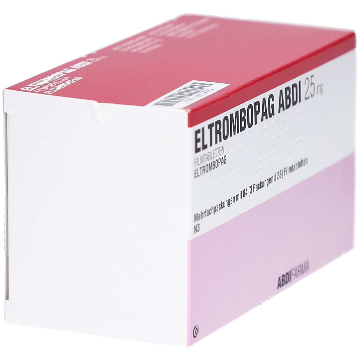 ELTROMBOPAG ABDI 25 mg Filmtabletten Verpackung. Rote und weiße Schachtel, Seitenansicht mit Produktinformationen.