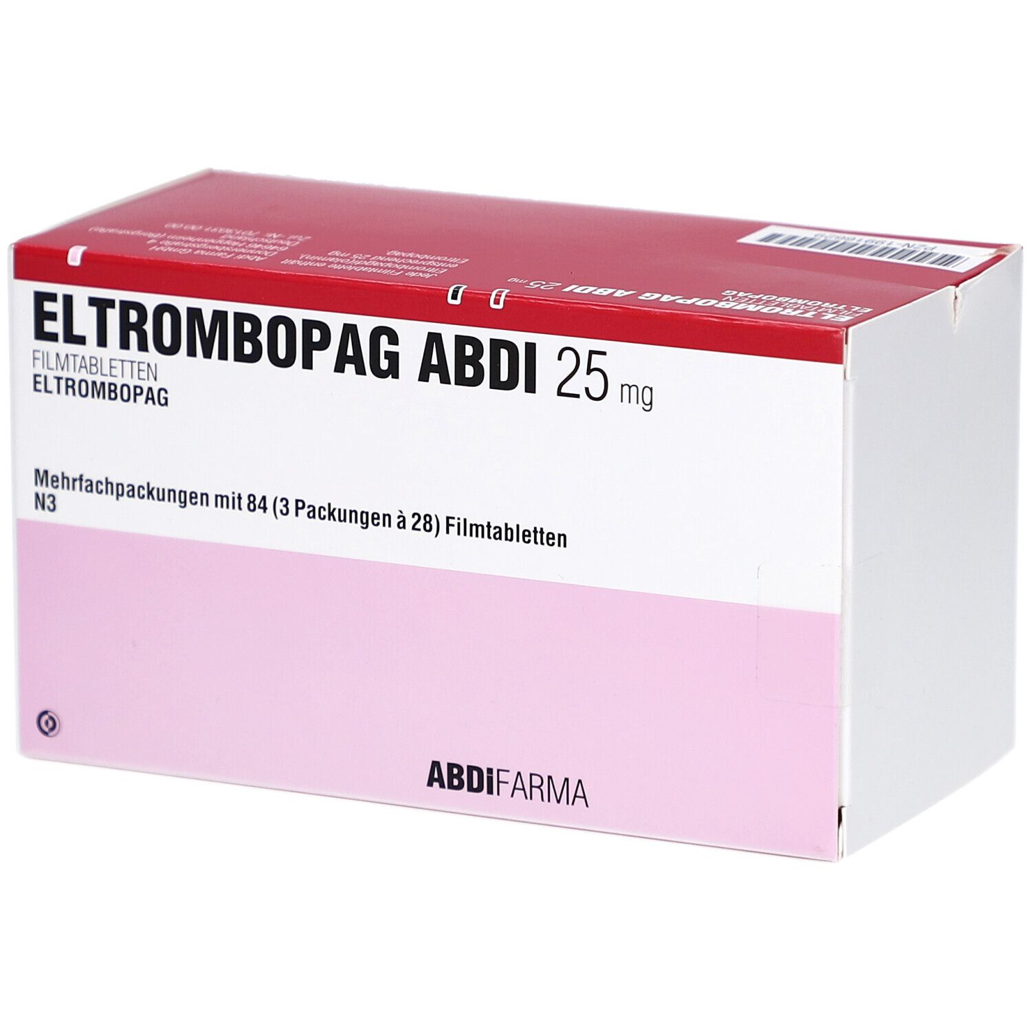 ELTROMBOPAG ABDI 25 mg Filmtabletten Verpackung. Rote und weiße Schachtel mit Produktinformationen und ABDI Pharma Logo.