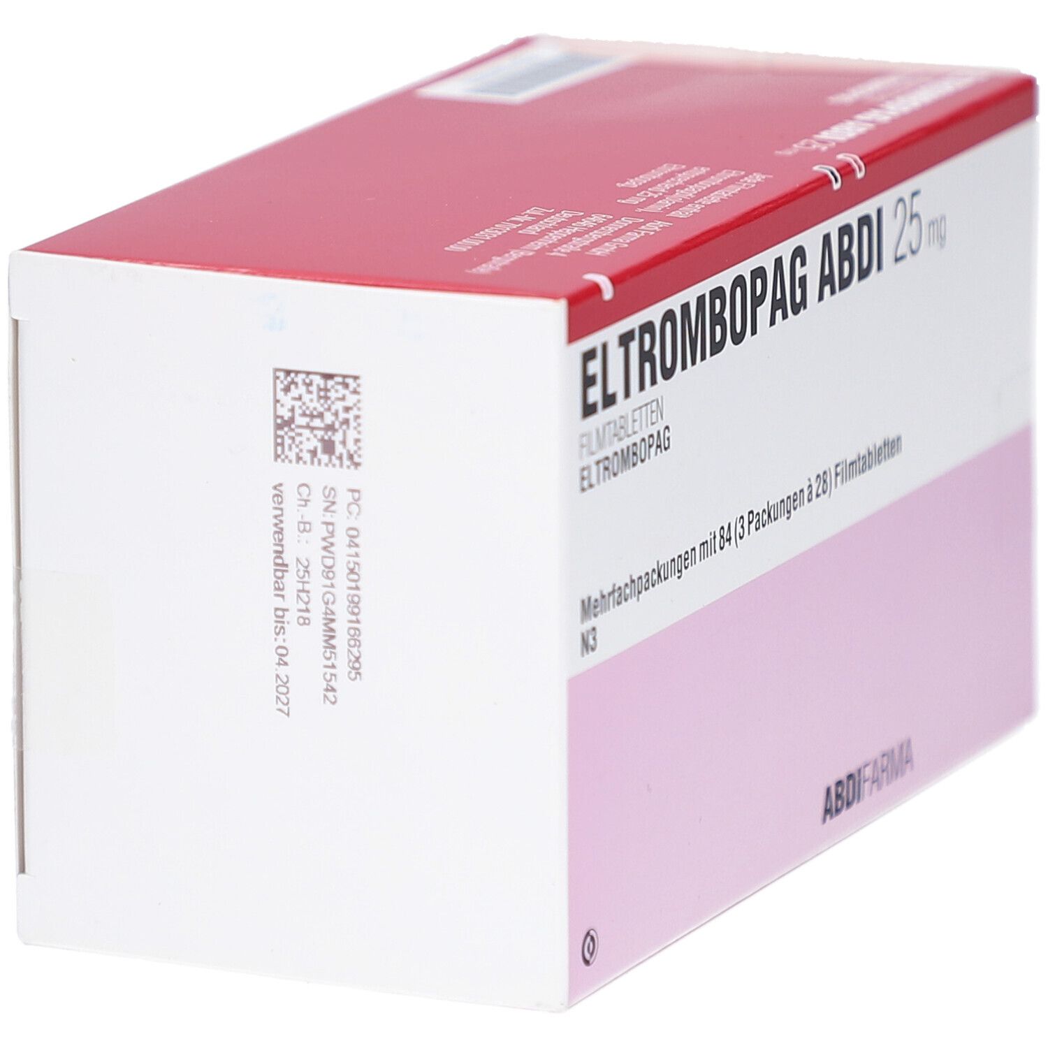 ELTROMBOPAG ABDI 25 mg Filmtabletten Verpackung. Rote und weiße Schachtel, Seitenansicht mit Barcode und Produktinformationen.