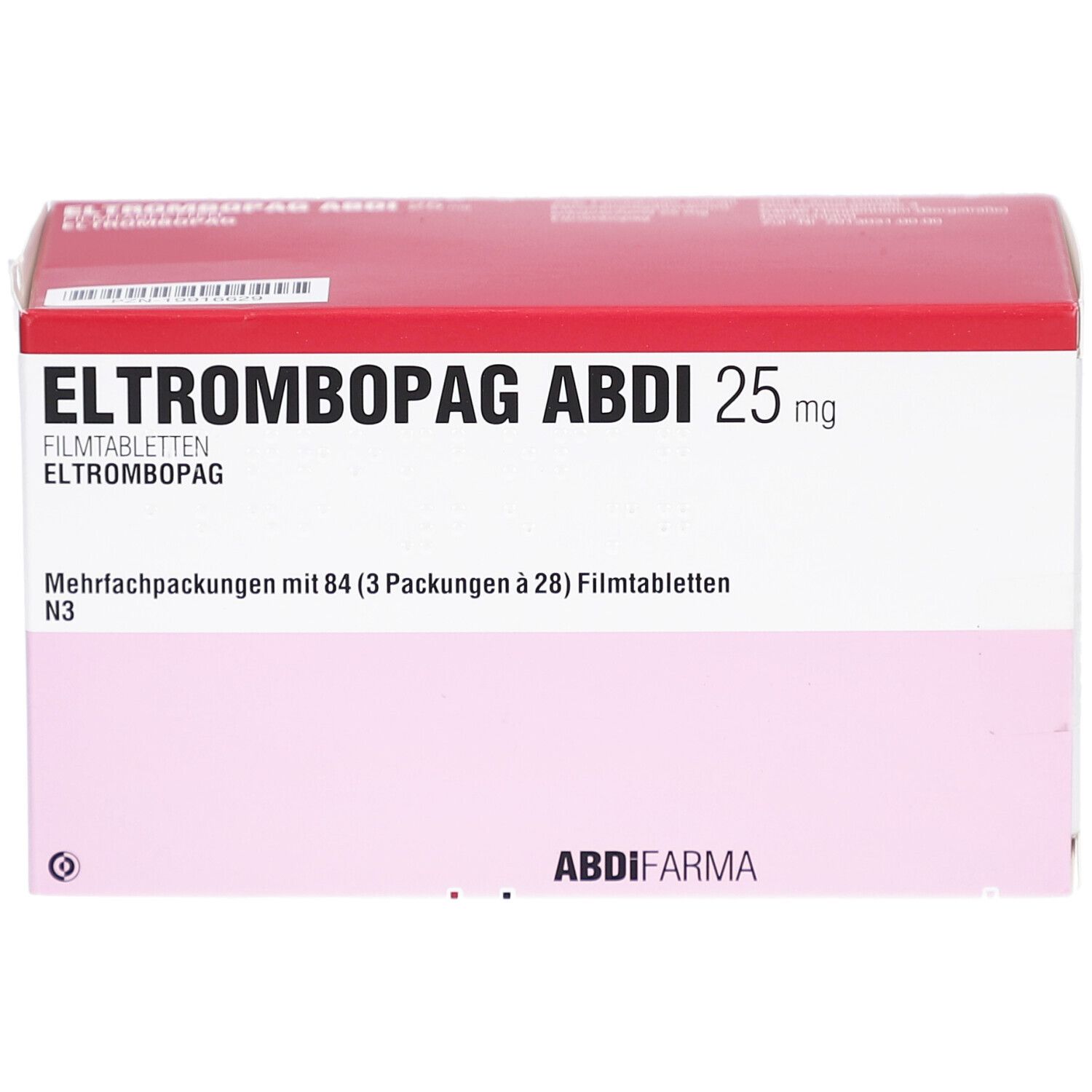 ELTROMBOPAG ABDI 25 mg Filmtabletten Verpackung. Rote und weiße Schachtel mit Produktinformationen und ABDI Pharma Logo.