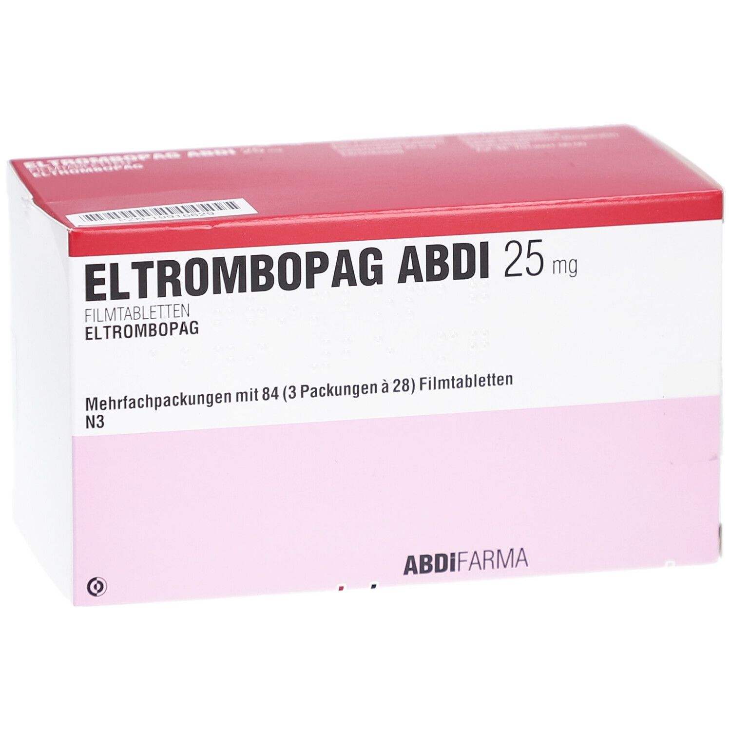 ELTROMBOPAG ABDI 25 mg Filmtabletten Verpackung. Rote und weiße Schachtel mit Produktinformationen und ABDI Pharma Logo.