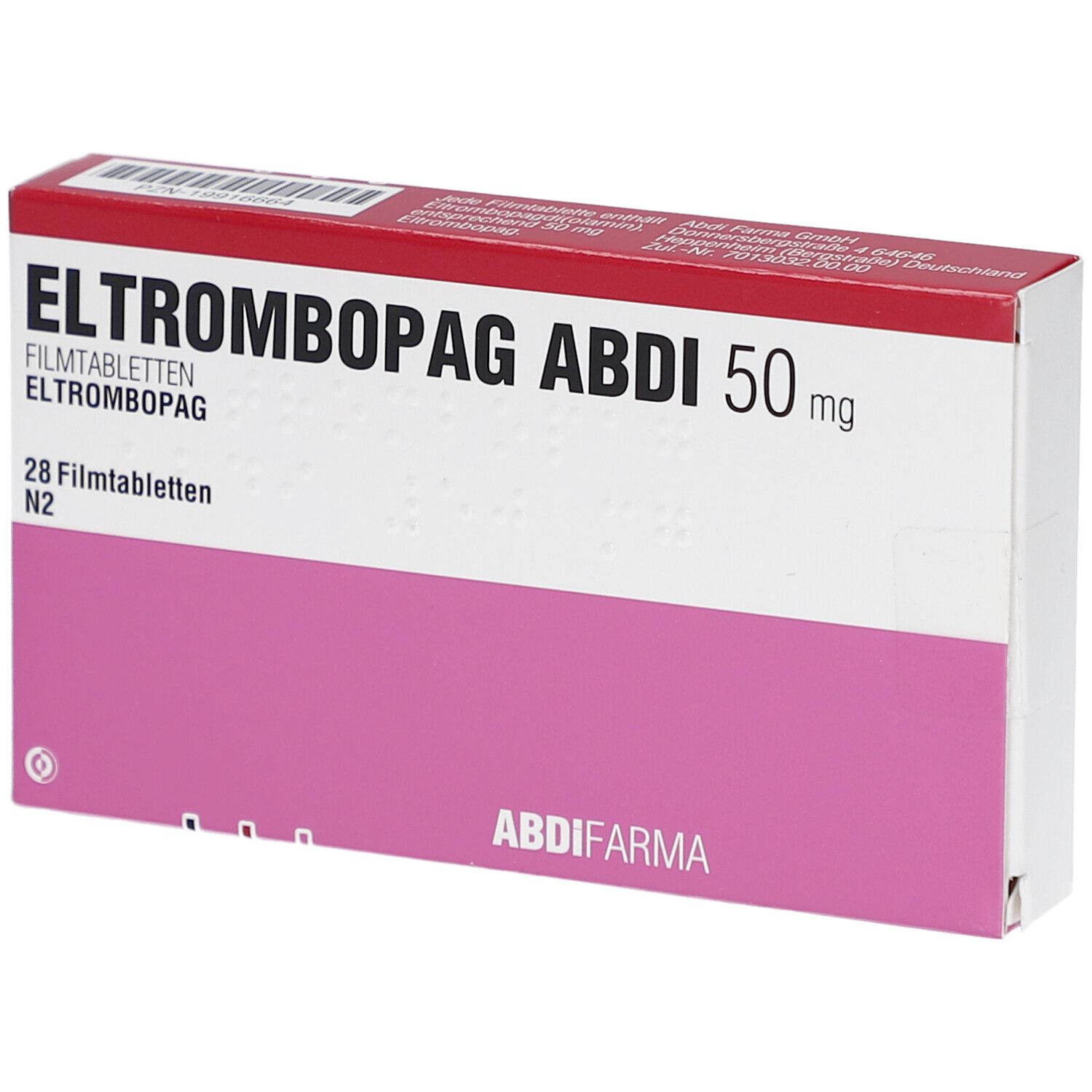 Schachtel mit ELTROMBOPAG ABDI 50 mg Filmtabletten. Rosa und weiß, mit rotem Deckel. Enthält 28 Filmtabletten.