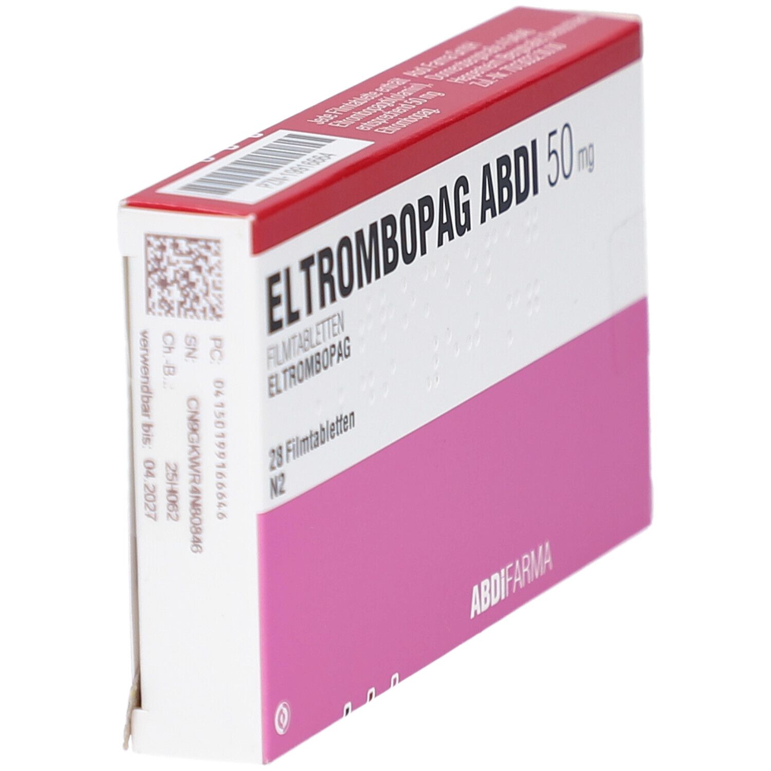 Schachtel ELTROMBOPAG ABDI 50 mg, schräg. Weiß, rosa und rot. Text: ELTROMBOPAG ABDI 50 mg, 28 Filmtabletten. ABDI Pharma.