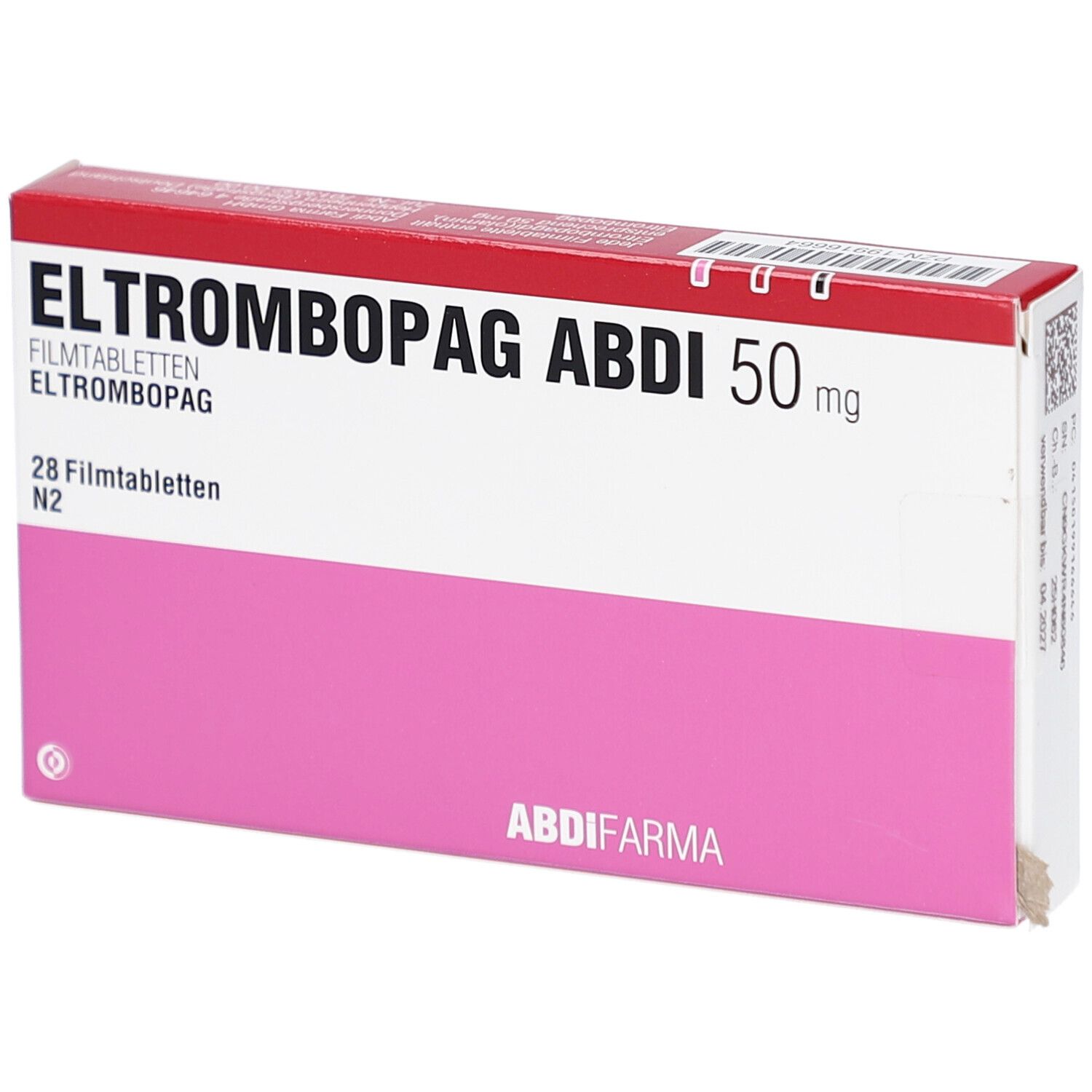 Schachtel ELTROMBOPAG ABDI 50 mg. Weiß, rosa und rot. Text: ELTROMBOPAG ABDI 50 mg, 28 Filmtabletten. ABDI Pharma.