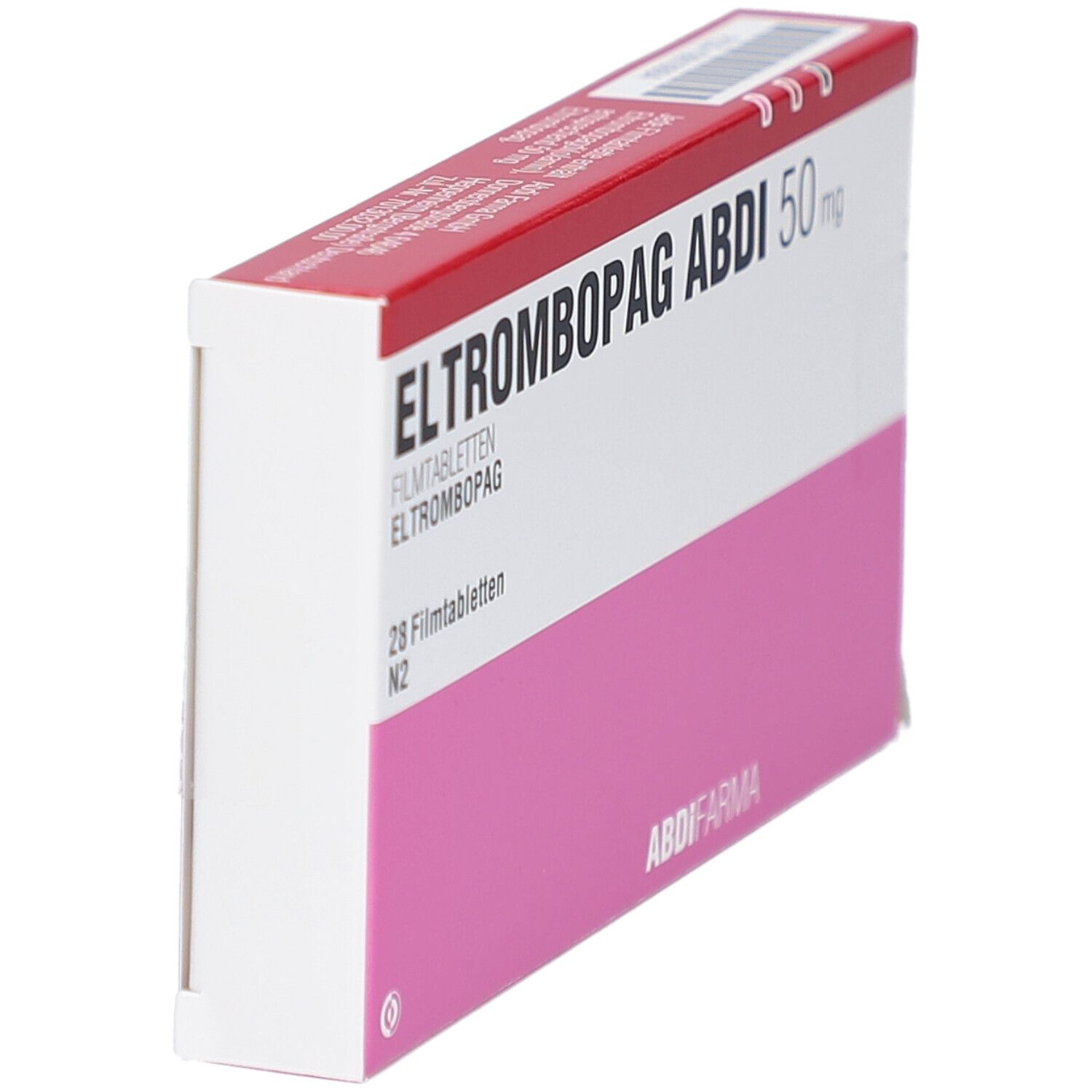 Schachtel ELTROMBOPAG ABDI 50 mg, schräg. Weiß, rosa und rot. Text: ELTROMBOPAG ABDI 50 mg, 28 Filmtabletten. ABDI Pharma.