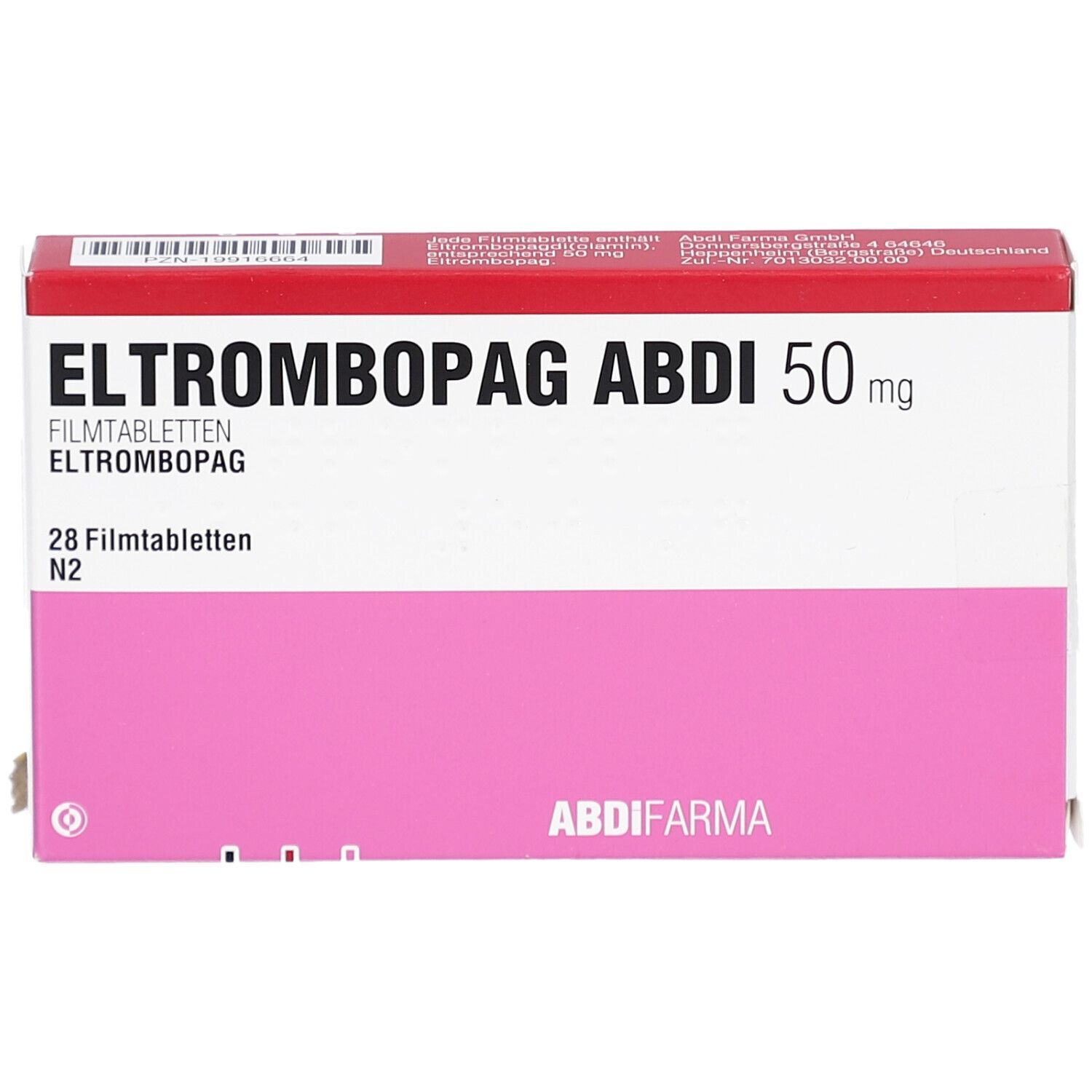 Schachtel ELTROMBOPAG ABDI 50 mg. Weiß, rosa und rot. Text: ELTROMBOPAG ABDI 50 mg, 28 Filmtabletten. ABDI Pharma.