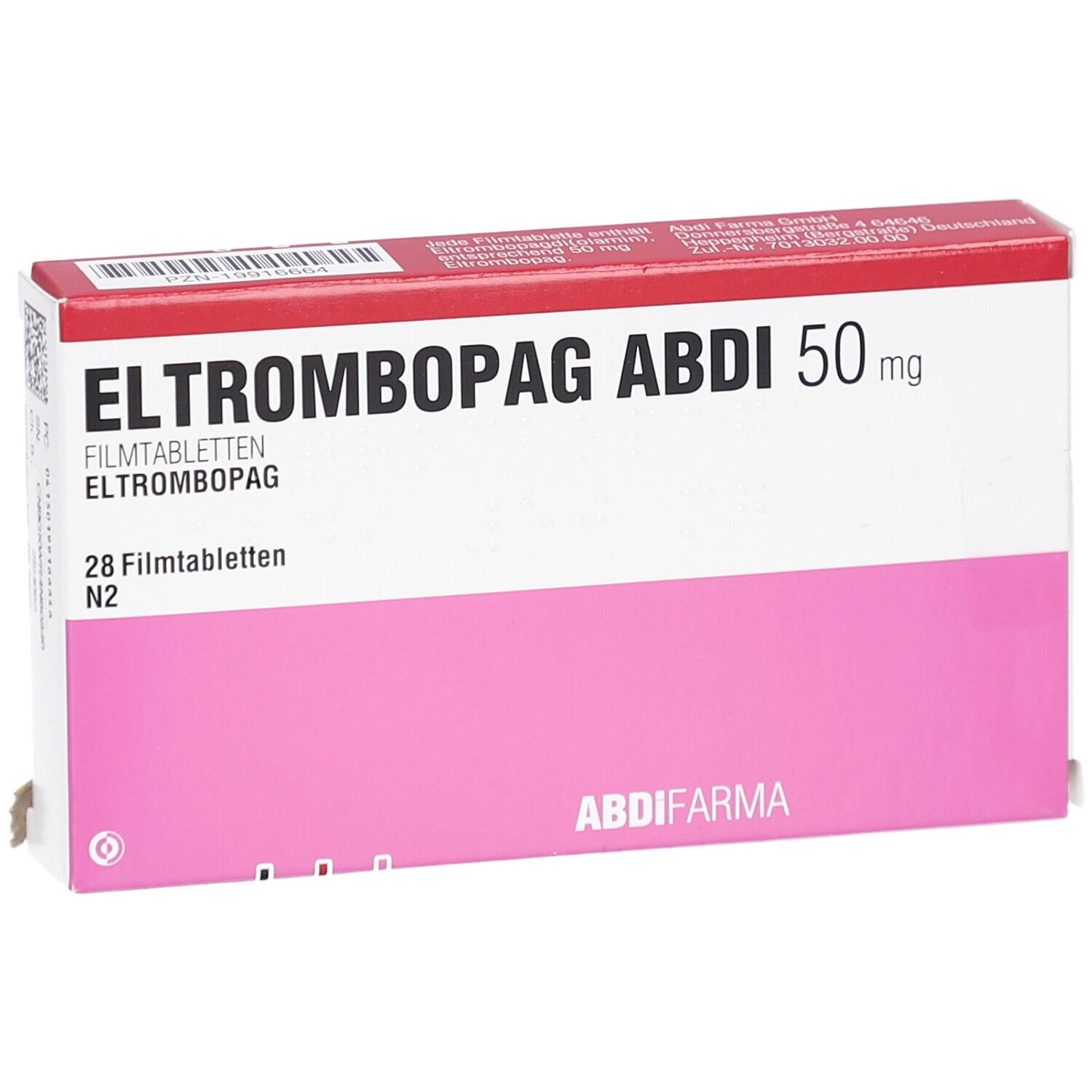 Schachtel ELTROMBOPAG ABDI 50 mg. Weiß, rosa und rot. Text: ELTROMBOPAG ABDI 50 mg, 28 Filmtabletten. ABDI Pharma.