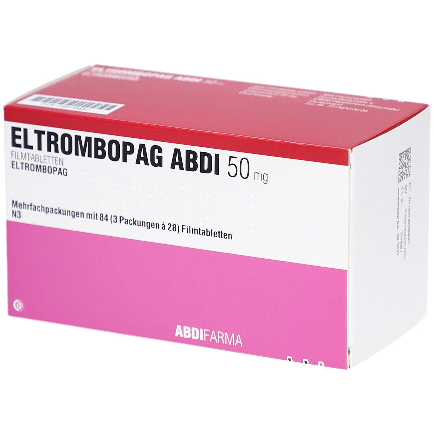 Verpackung ELTROMBOPAG ABDI 50 mg Filmtabletten. Rote und weiße Schachtel mit rosa Feld. Text: ABDI, 84 Tabletten.