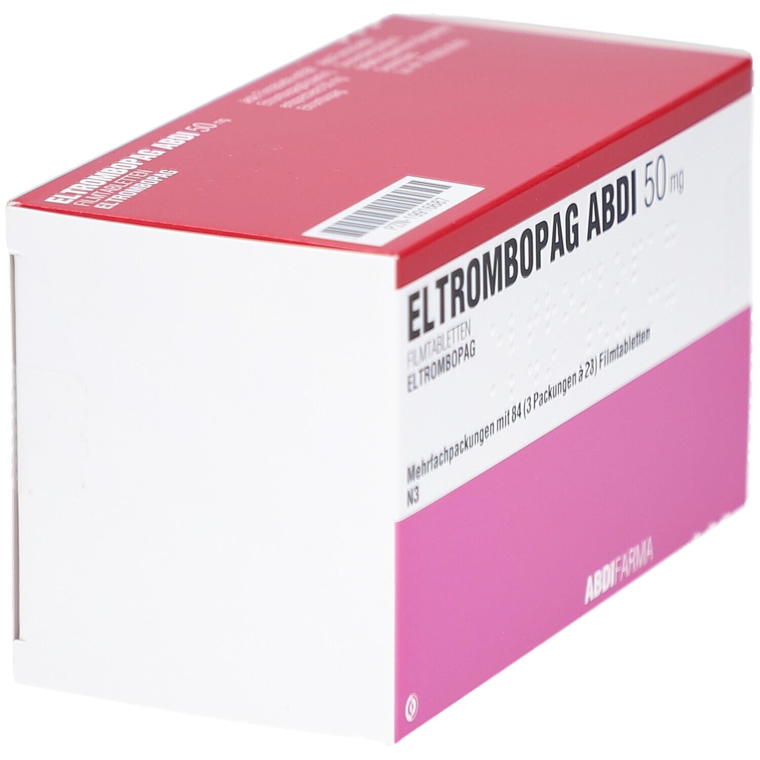 Verpackung ELTROMBOPAG ABDI 50 mg Filmtabletten. Rote und weiße Schachtel mit rosa Feld. Text: ABDI, 84 Tabletten.