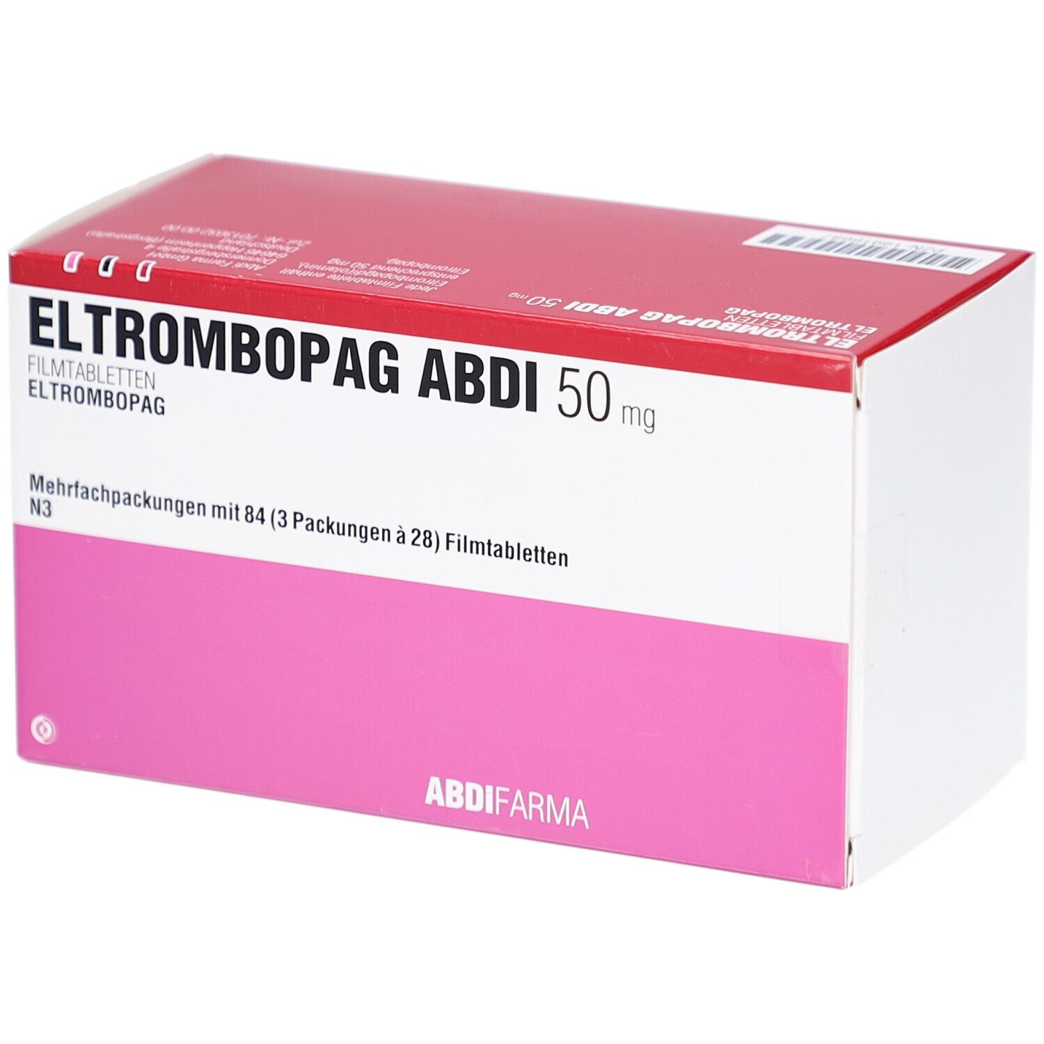 Verpackung ELTROMBOPAG ABDI 50 mg Filmtabletten. Rote und weiße Schachtel mit rosa Feld. Text: ABDI, 84 Tabletten.
