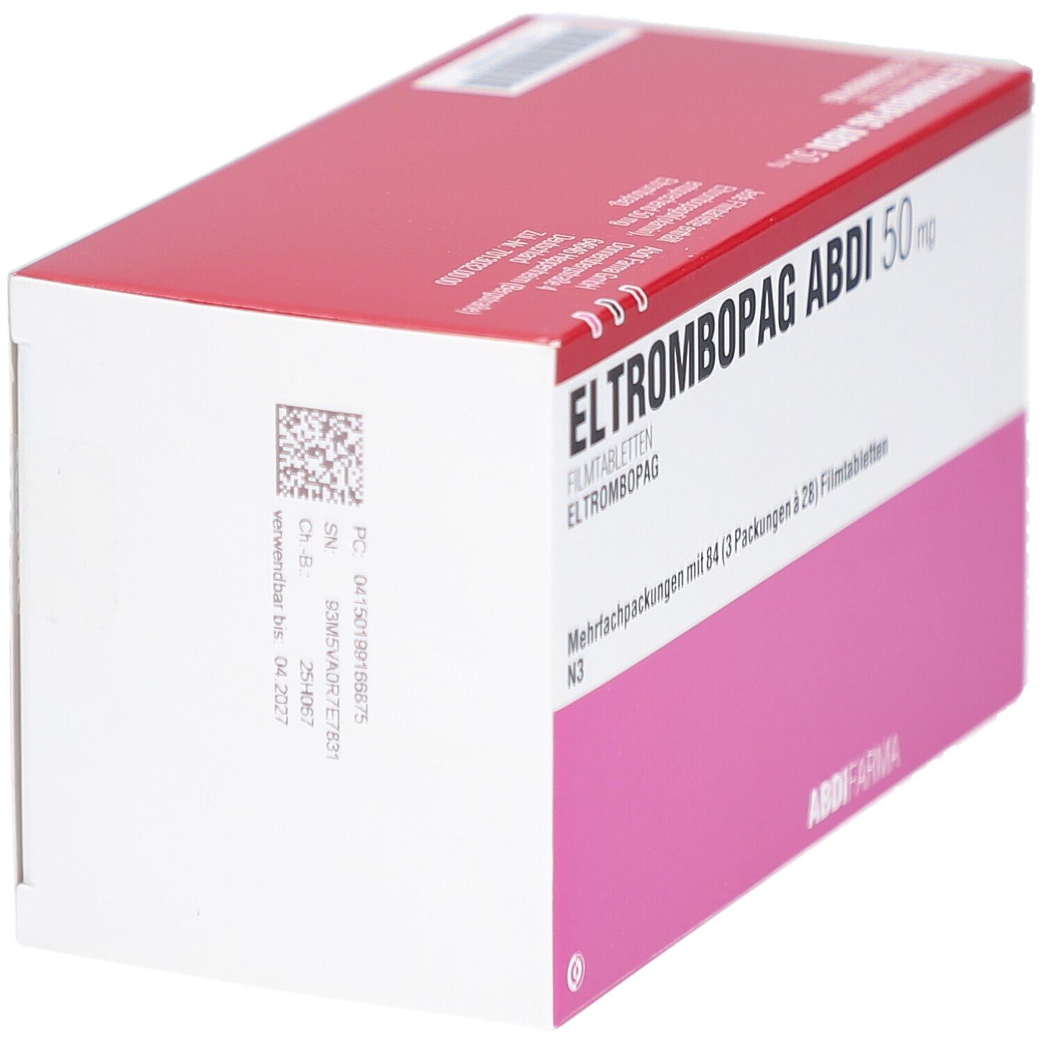 Verpackung ELTROMBOPAG ABDI 50 mg Filmtabletten. Rote und weiße Schachtel mit rosa Feld. Text: ABDI, 84 Tabletten.