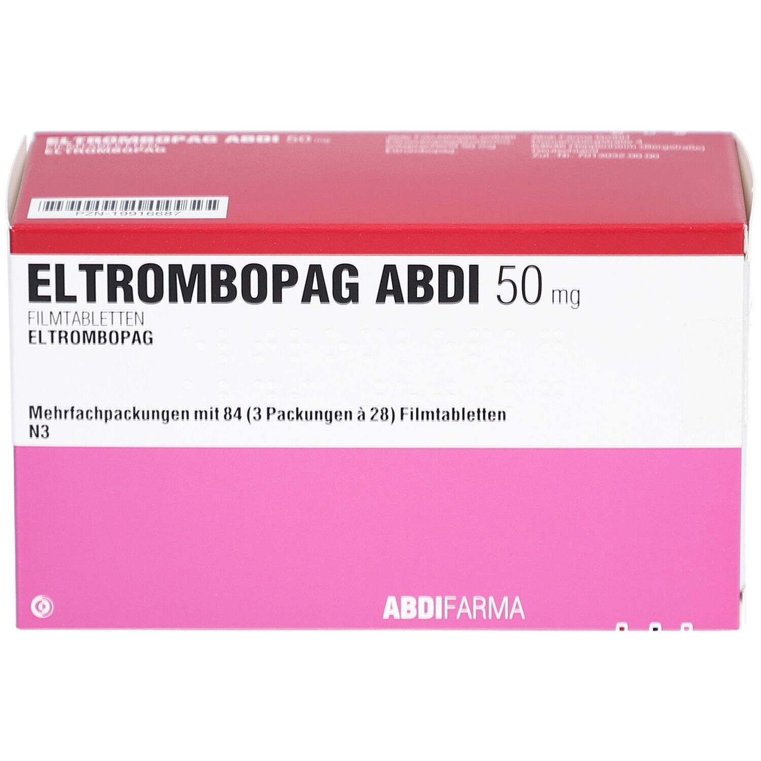 Verpackung ELTROMBOPAG ABDI 50 mg Filmtabletten. Rote und weiße Schachtel mit rosa Feld. Text: ABDI, 84 Tabletten.