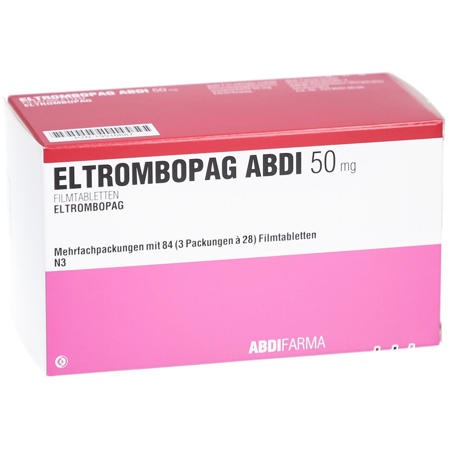 Verpackung ELTROMBOPAG ABDI 50 mg Filmtabletten. Rote und weiße Schachtel mit rosa Feld. Text: ABDI, 84 Tabletten.