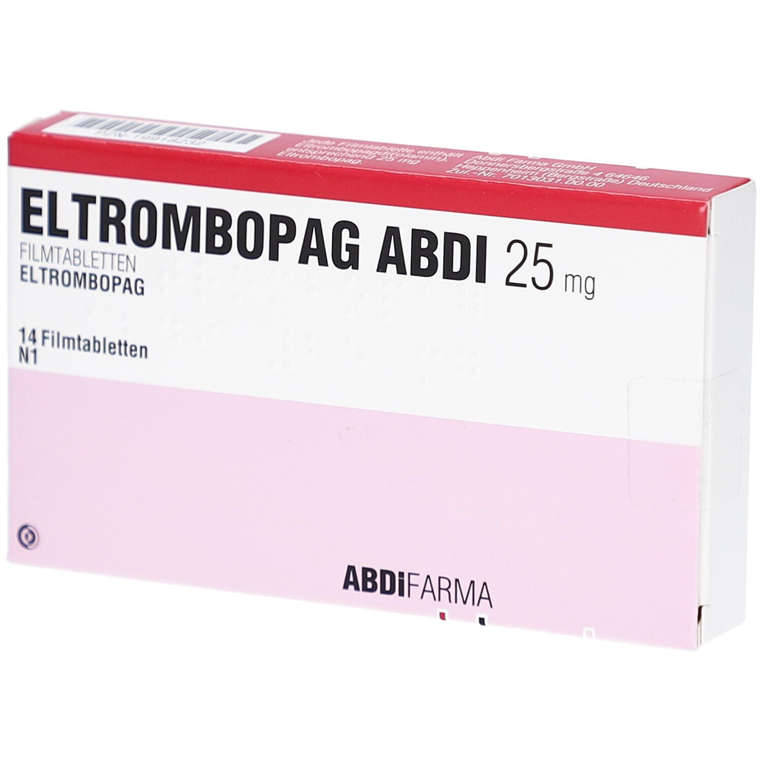 Schachtel mit ELTROMBOPAG ABDI 25 mg Filmtabletten. Rosa-weißes Design mit rotem Deckel. 14 Filmtabletten. ABDI FARMA Logo.