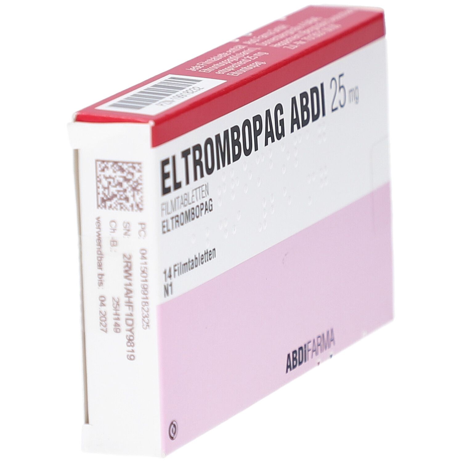 Schachtel ELTROMBOPAG ABDI 25 mg, Seitenansicht. Rosa-weißes Design mit rotem Deckel. 14 Filmtabletten. ABDI FARMA Logo. Barcode und Text.