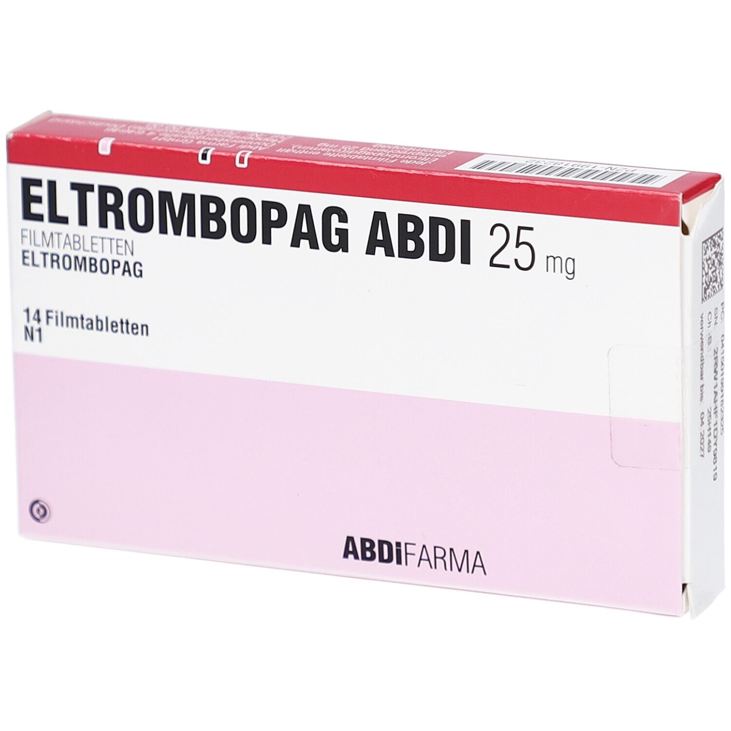 Schachtel mit ELTROMBOPAG ABDI 25 mg Filmtabletten. Rosa-weißes Design mit rotem Deckel. 14 Filmtabletten. ABDI FARMA Logo.