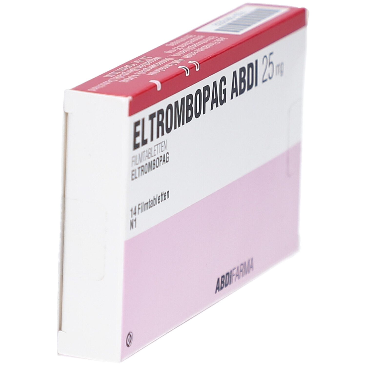 Schachtel ELTROMBOPAG ABDI 25 mg, Seitenansicht. Rosa-weißes Design mit rotem Deckel. 14 Filmtabletten. ABDI FARMA Logo.