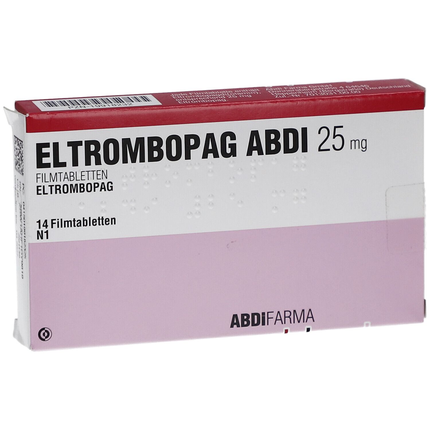 Schachtel mit ELTROMBOPAG ABDI 25 mg Filmtabletten. Rosa-weißes Design mit rotem Deckel. 14 Filmtabletten. ABDI FARMA Logo.