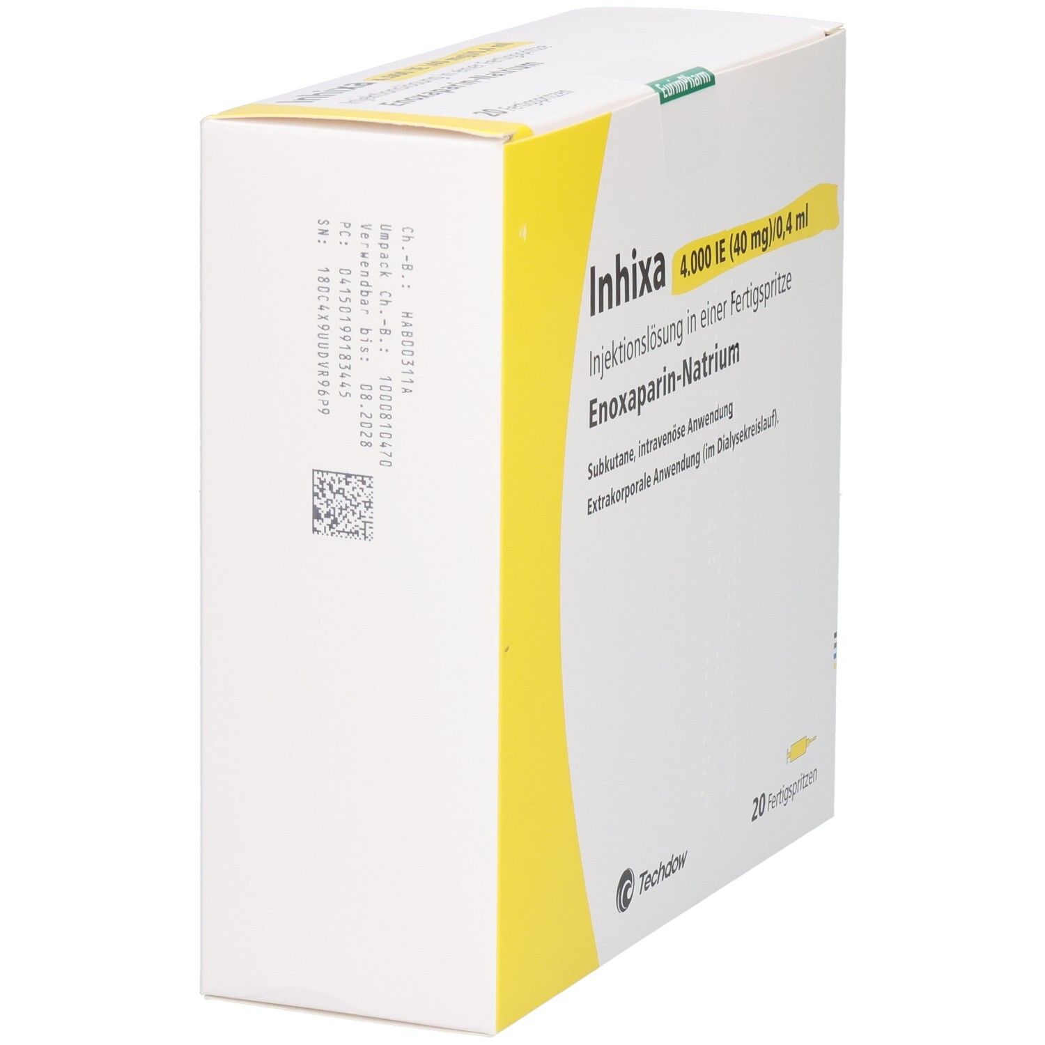 Verpackung Inhixa 4.000 IE Enoxaparin-Natrium Injektionslösung.
