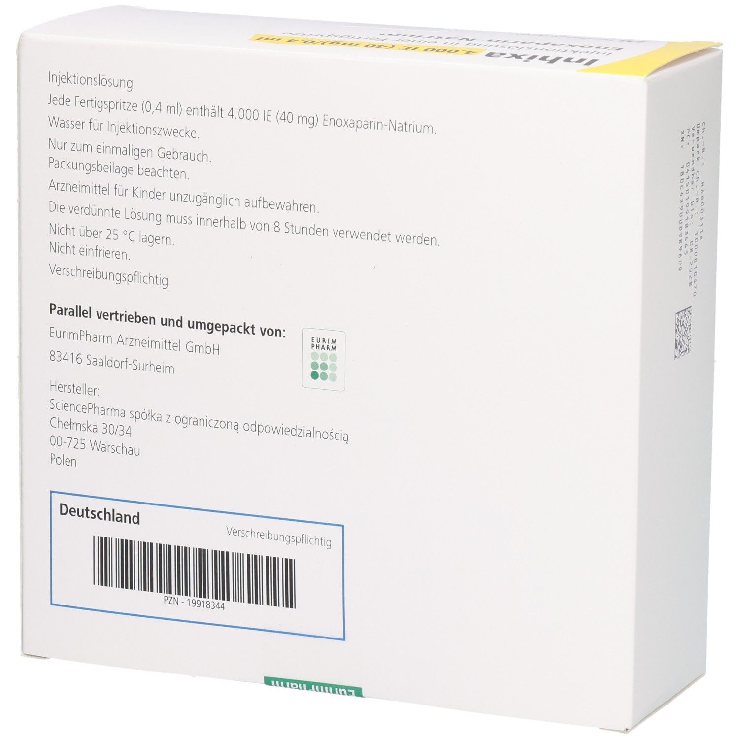 Rückseite der INHIXA 4.000 IE (40 mg)/0,4 ml Packung mit Hinweisen zu Anwendung und Lagerung.
