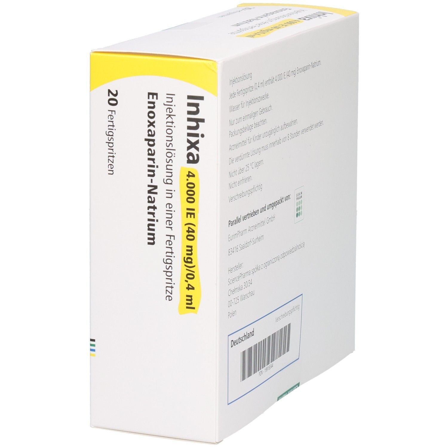 Seitenansicht der INHIXA 4.000 IE (40 mg)/0,4 ml Packung mit 20 Fertigspritzen.