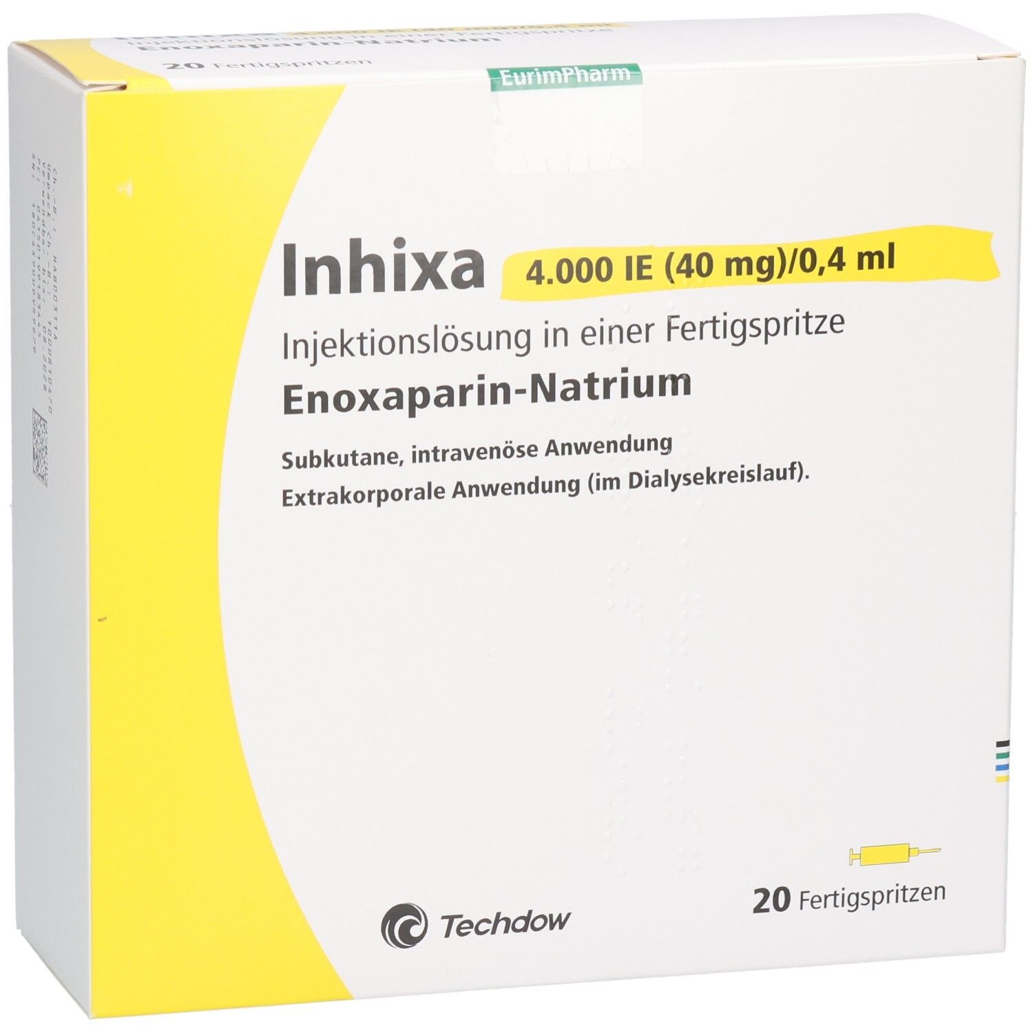 Vorderseite der INHIXA 4.000 IE (40 mg)/0,4 ml Packung mit gelbem Designelement und Techdow Logo.