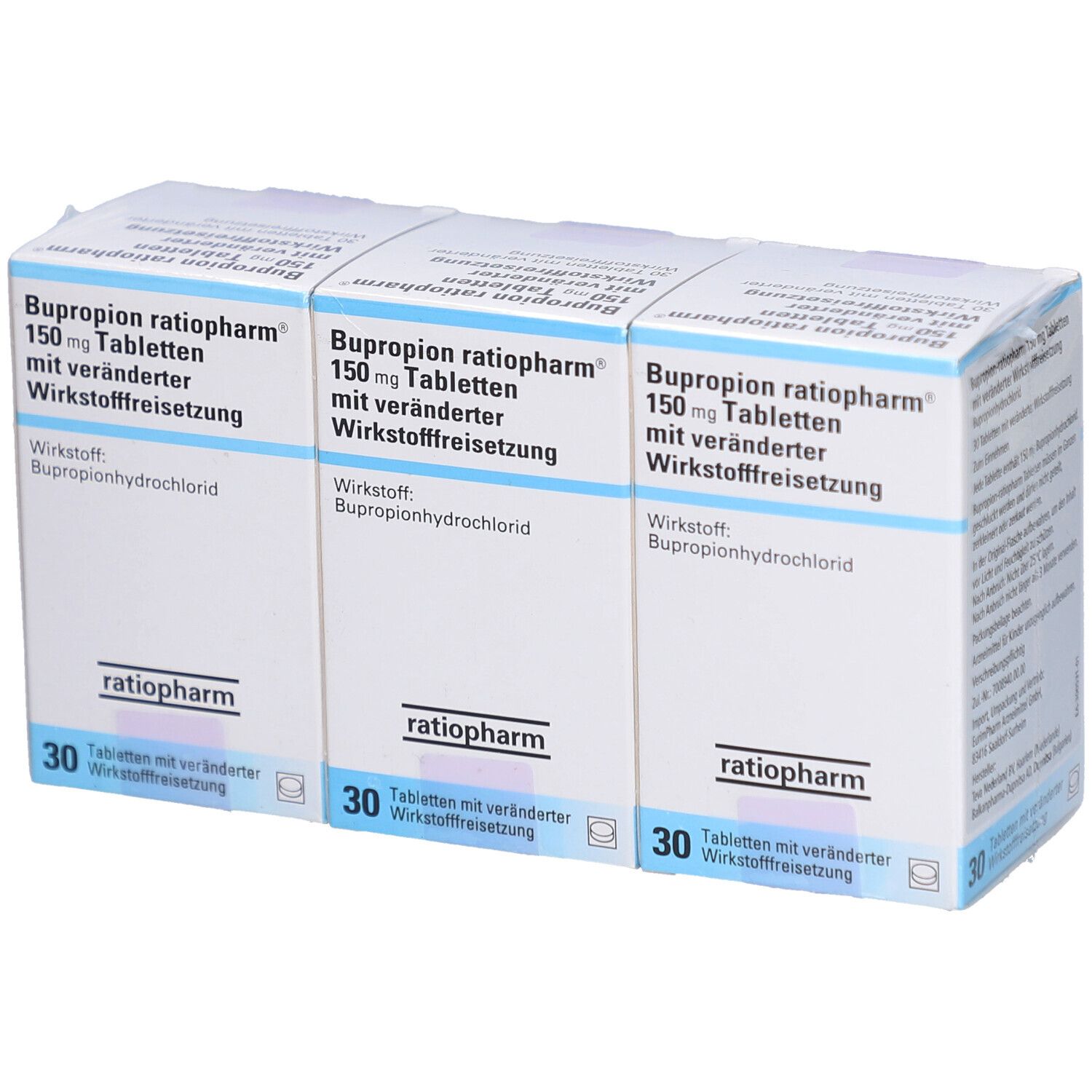 Drei Schachteln BUPROPION-ratiopharm 150 mg Tabletten. Aufdruck: 30 Tabletten, Wirkstoff: Bupropionhydrochlorid.