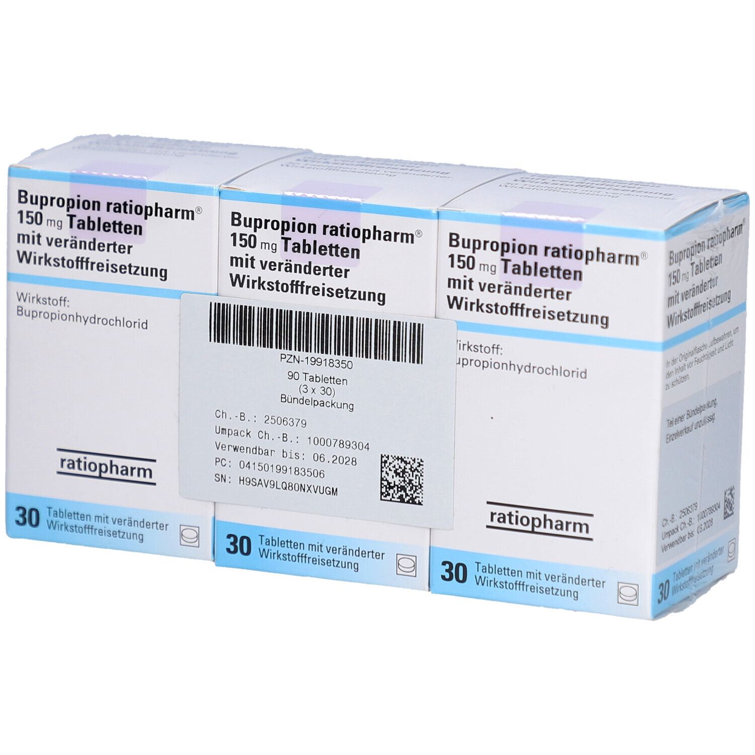 Drei Schachteln BUPROPION-ratiopharm 150 mg Tabletten. Aufdruck: 30 Tabletten, Wirkstoff: Bupropionhydrochlorid. Detailansicht mit Chargennummer.