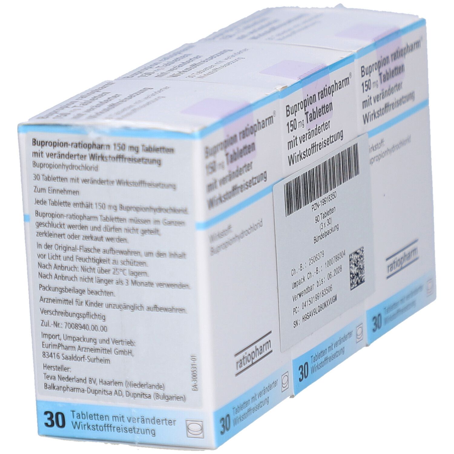 Drei Schachteln BUPROPION-ratiopharm 150 mg Tabletten. Aufdruck: 30 Tabletten, Wirkstoff: Bupropionhydrochlorid. Detailansicht der Verpackung.