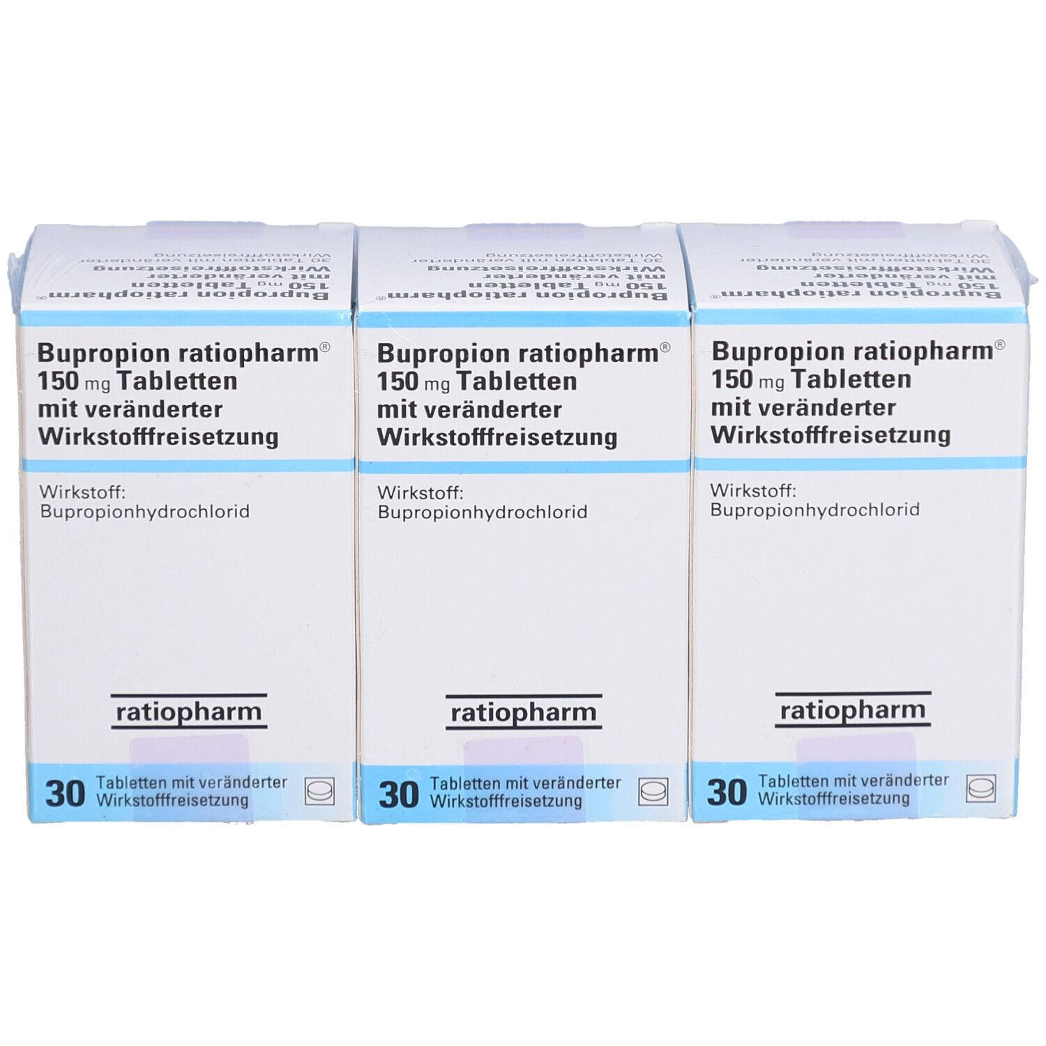 Drei Schachteln BUPROPION-ratiopharm 150 mg Tabletten. Aufdruck: 30 Tabletten, Wirkstoff: Bupropionhydrochlorid.