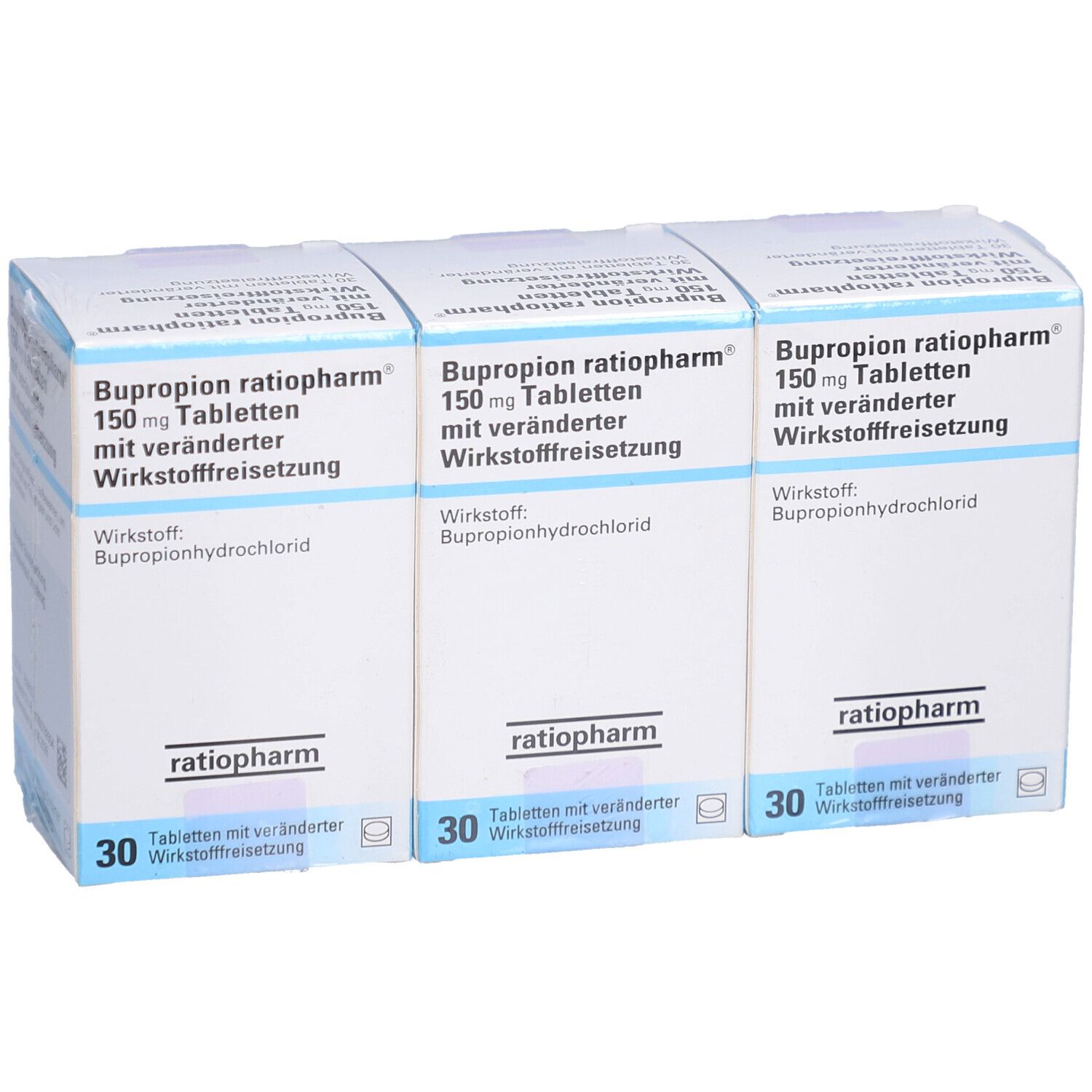 Drei Schachteln BUPROPION-ratiopharm 150 mg Tabletten. Aufdruck: 30 Tabletten, Wirkstoff: Bupropionhydrochlorid.