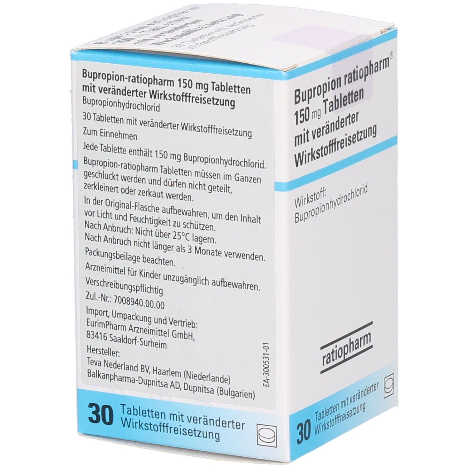 Weiße Schachtel mit blauer Umrandung. Aufdruck: BUPROPION-ratiopharm 150 mg Tabletten. 30 Tabletten. Wirkstoff: Bupropionhydrochlorid. Marke ratiopharm. Text auf Deutsch.
